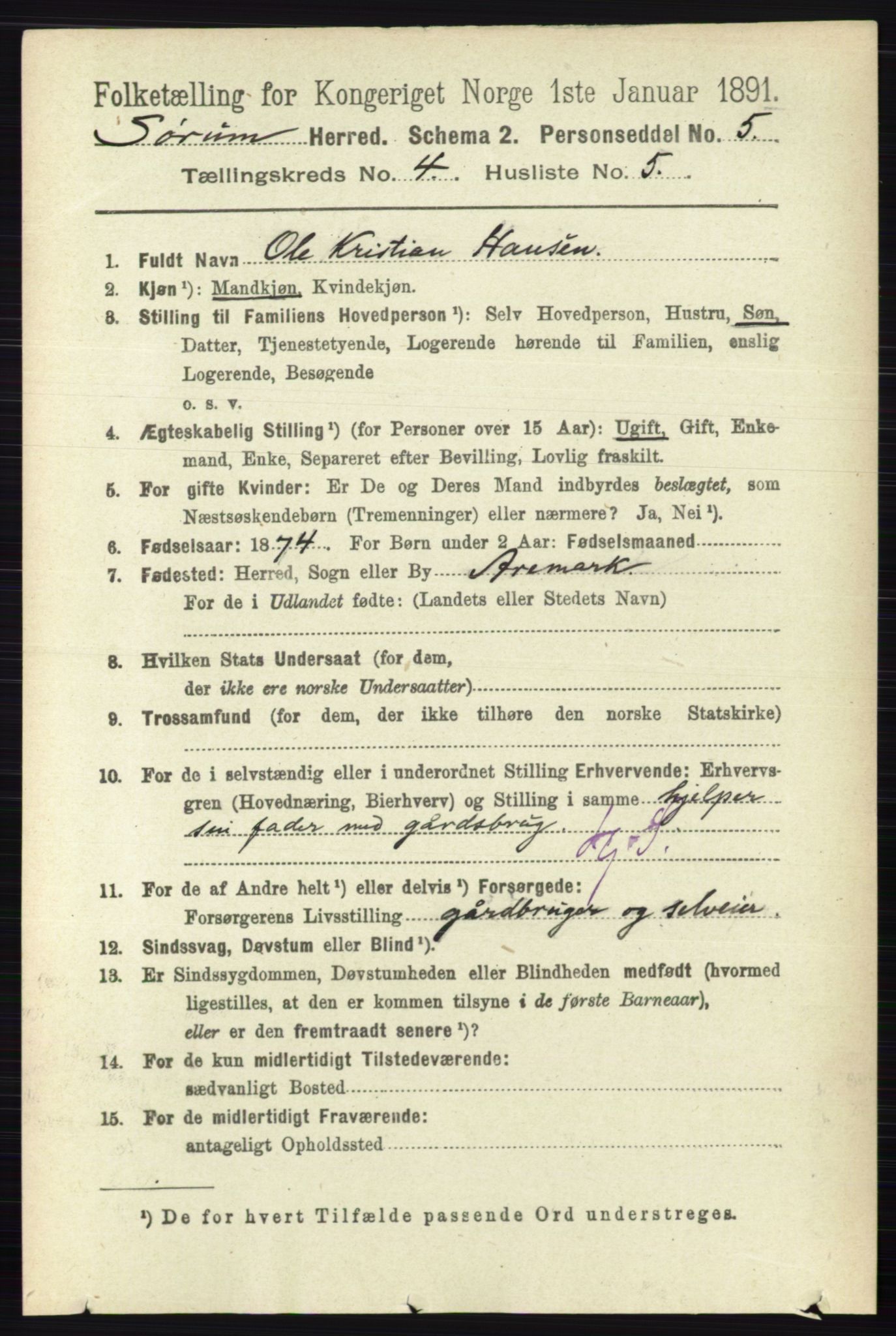 RA, 1891 census for 0226 Sørum, 1891, p. 1905