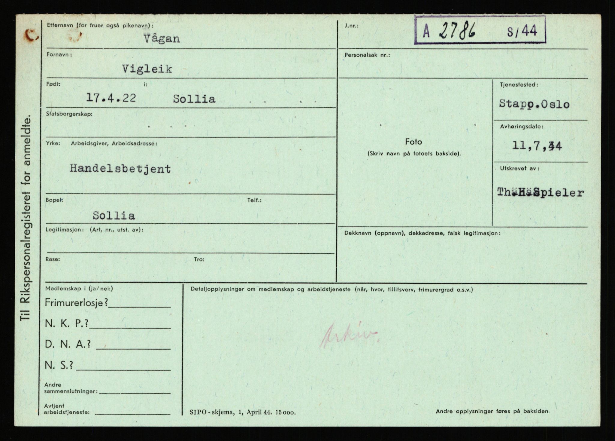 Statspolitiet - Hovedkontoret / Osloavdelingen, AV/RA-S-1329/C/Ca/L0016: Uberg - Øystese, 1943-1945, p. 476