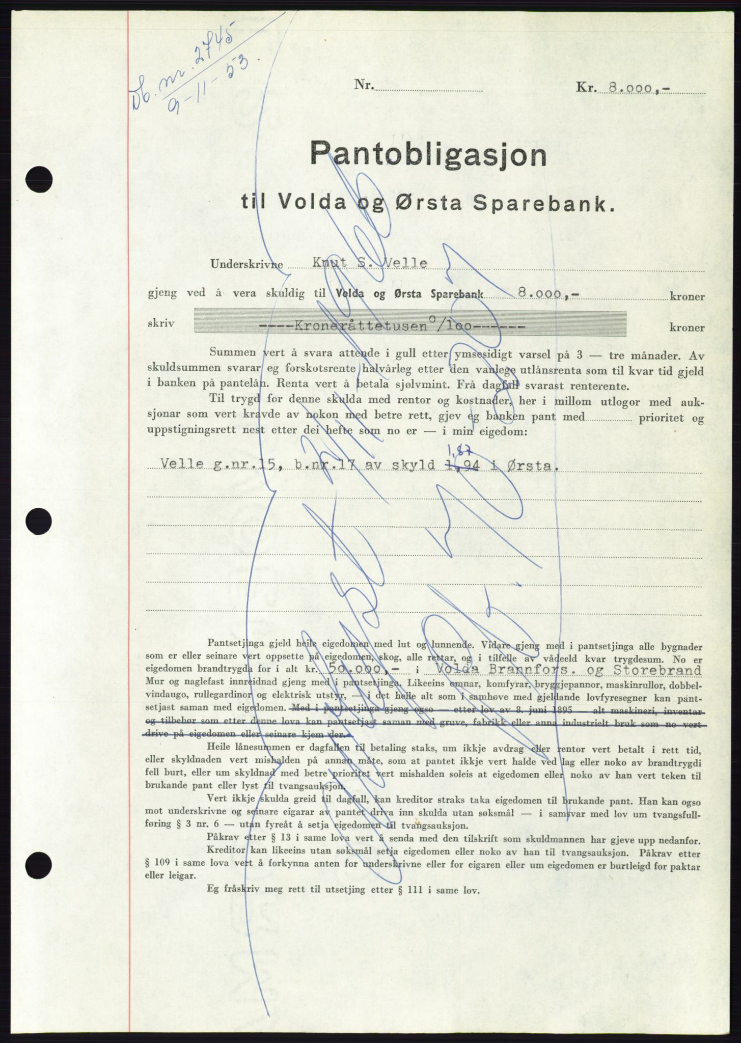 Søre Sunnmøre sorenskriveri, AV/SAT-A-4122/1/2/2C/L0124: Mortgage book no. 12B, 1953-1954, Diary no: : 2745/1953