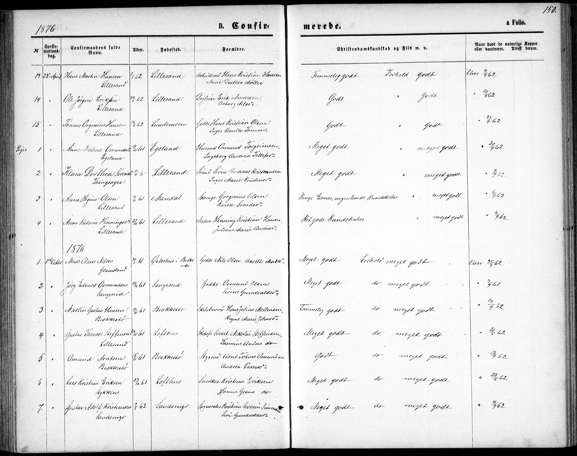 Vestre Moland sokneprestkontor, AV/SAK-1111-0046/F/Fb/Fbb/L0005: Parish register (copy) no. B 5, 1872-1883, p. 150