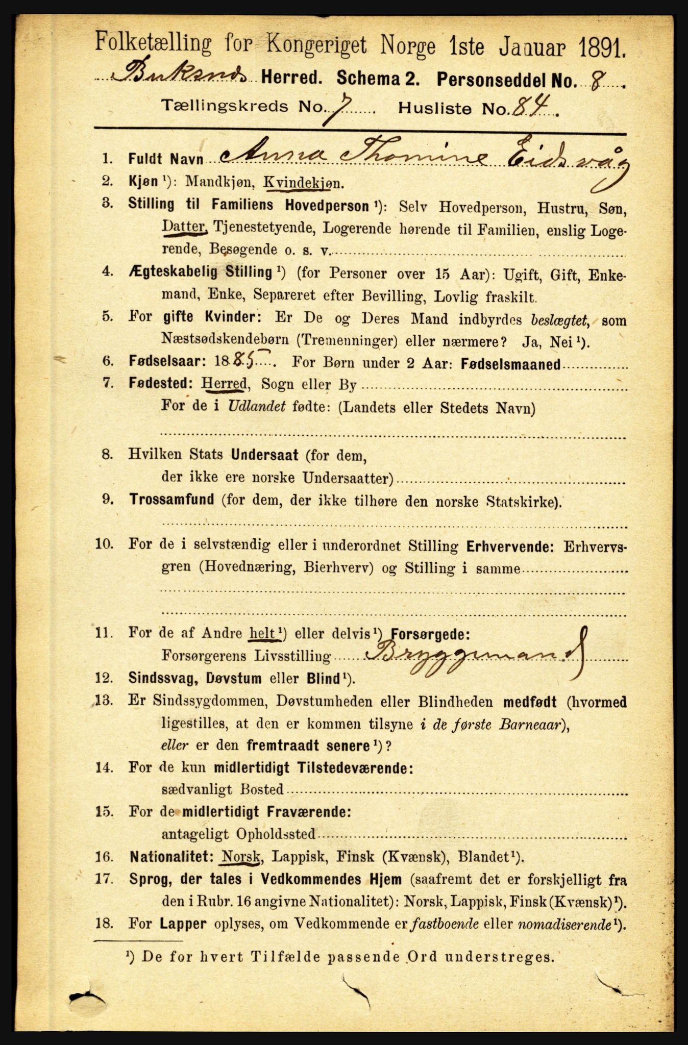 RA, 1891 census for 1860 Buksnes, 1891, p. 5550