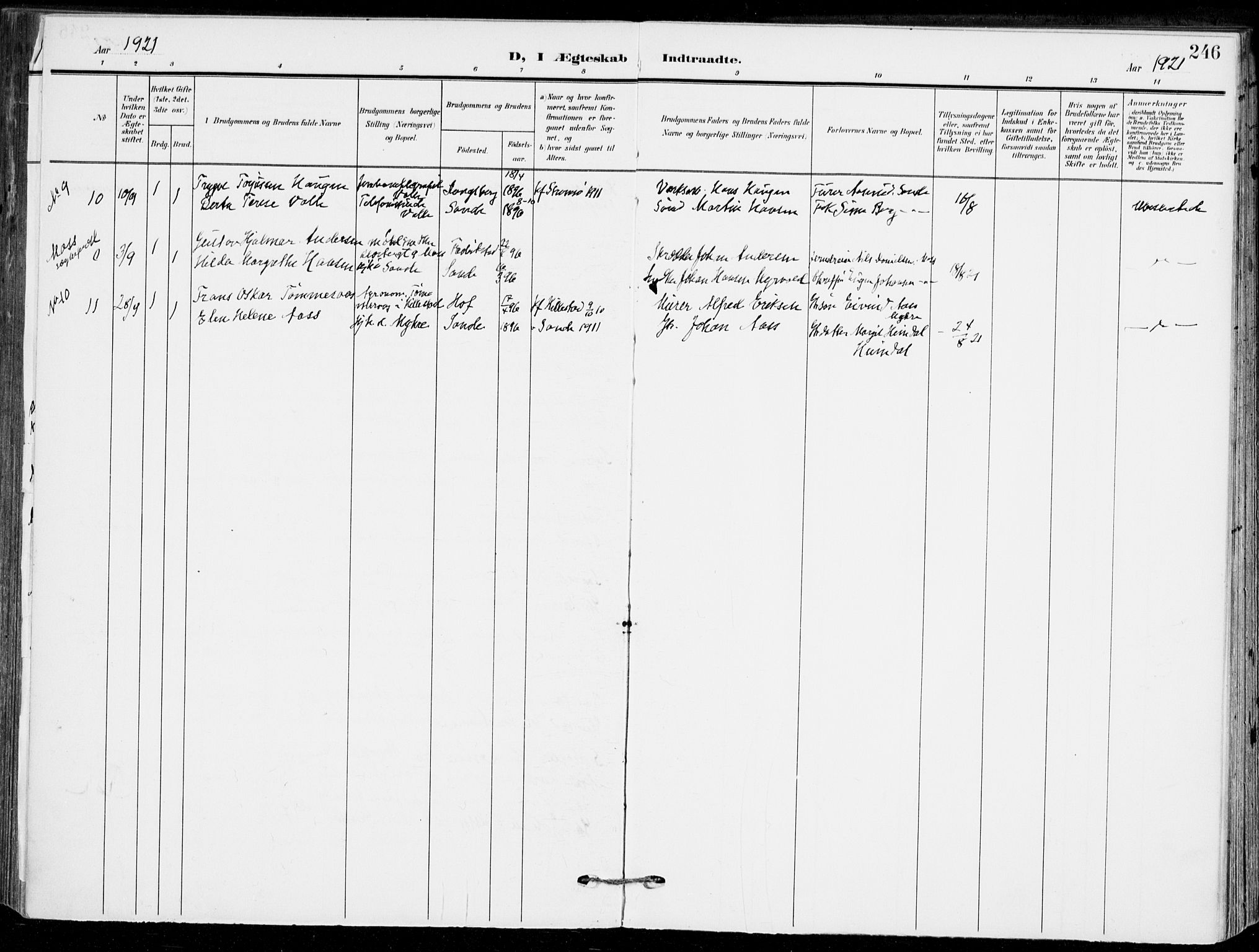 Sande Kirkebøker, AV/SAKO-A-53/F/Fa/L0008: Parish register (official) no. 8, 1904-1921, p. 246