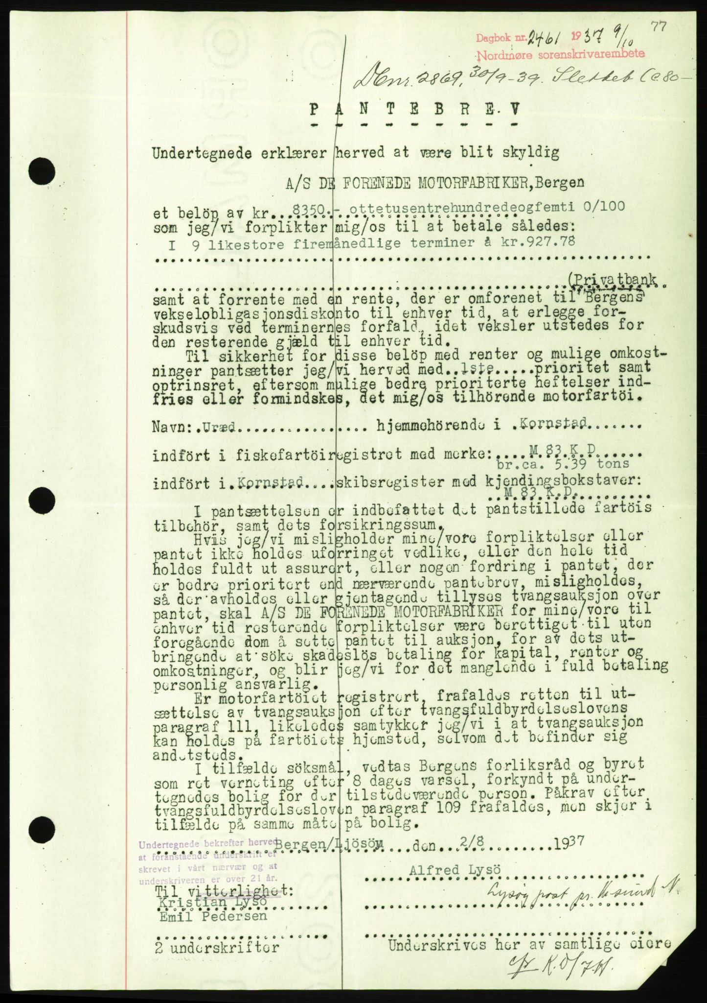 Nordmøre sorenskriveri, AV/SAT-A-4132/1/2/2Ca/L0092: Mortgage book no. B82, 1937-1938, Diary no: : 2461/1937