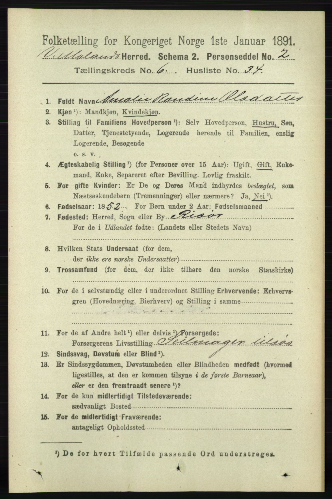 RA, 1891 census for 0926 Vestre Moland, 1891, p. 2515