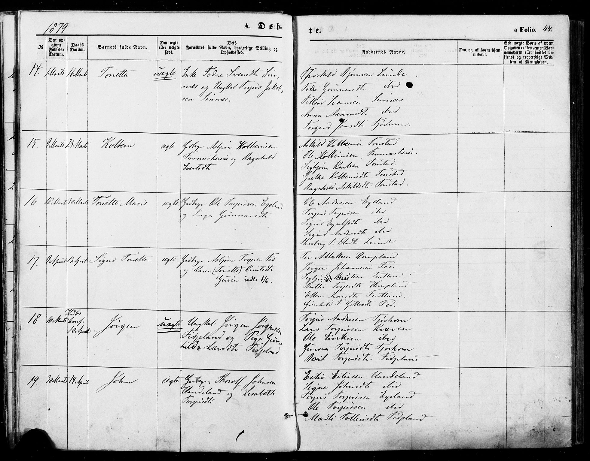 Sirdal sokneprestkontor, AV/SAK-1111-0036/F/Fa/Fab/L0003: Parish register (official) no. A 3, 1874-1886, p. 44