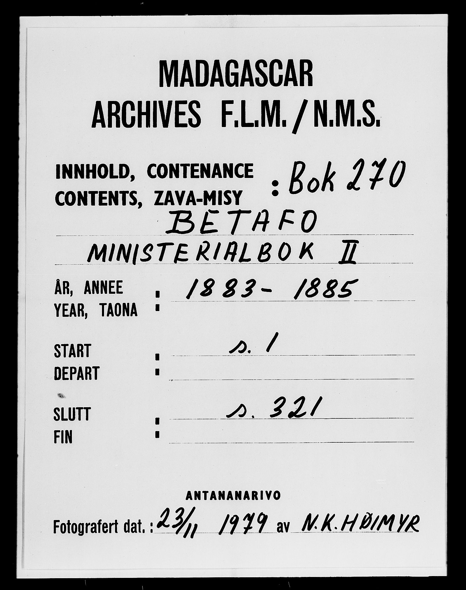 Archives FLM/NMS, Madagaskar, VID/MA-A-1163/D/Db/L0270: Parish register (official) no. 2, 1883-1886