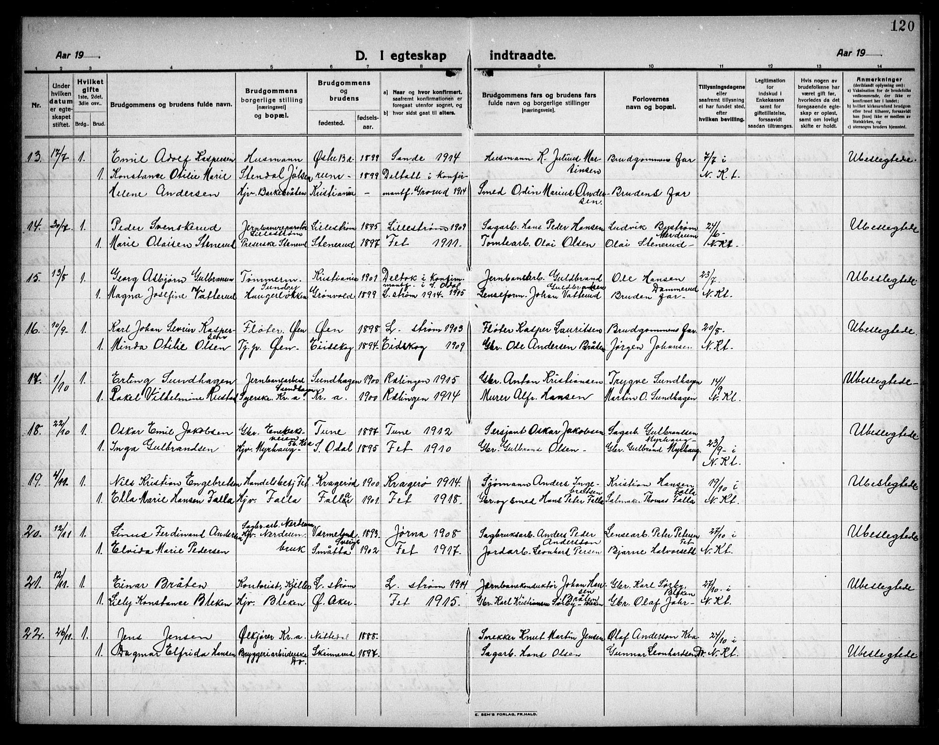 Fet prestekontor Kirkebøker, AV/SAO-A-10370a/G/Ga/L0009: Parish register (copy) no. I 9, 1920-1934, p. 120