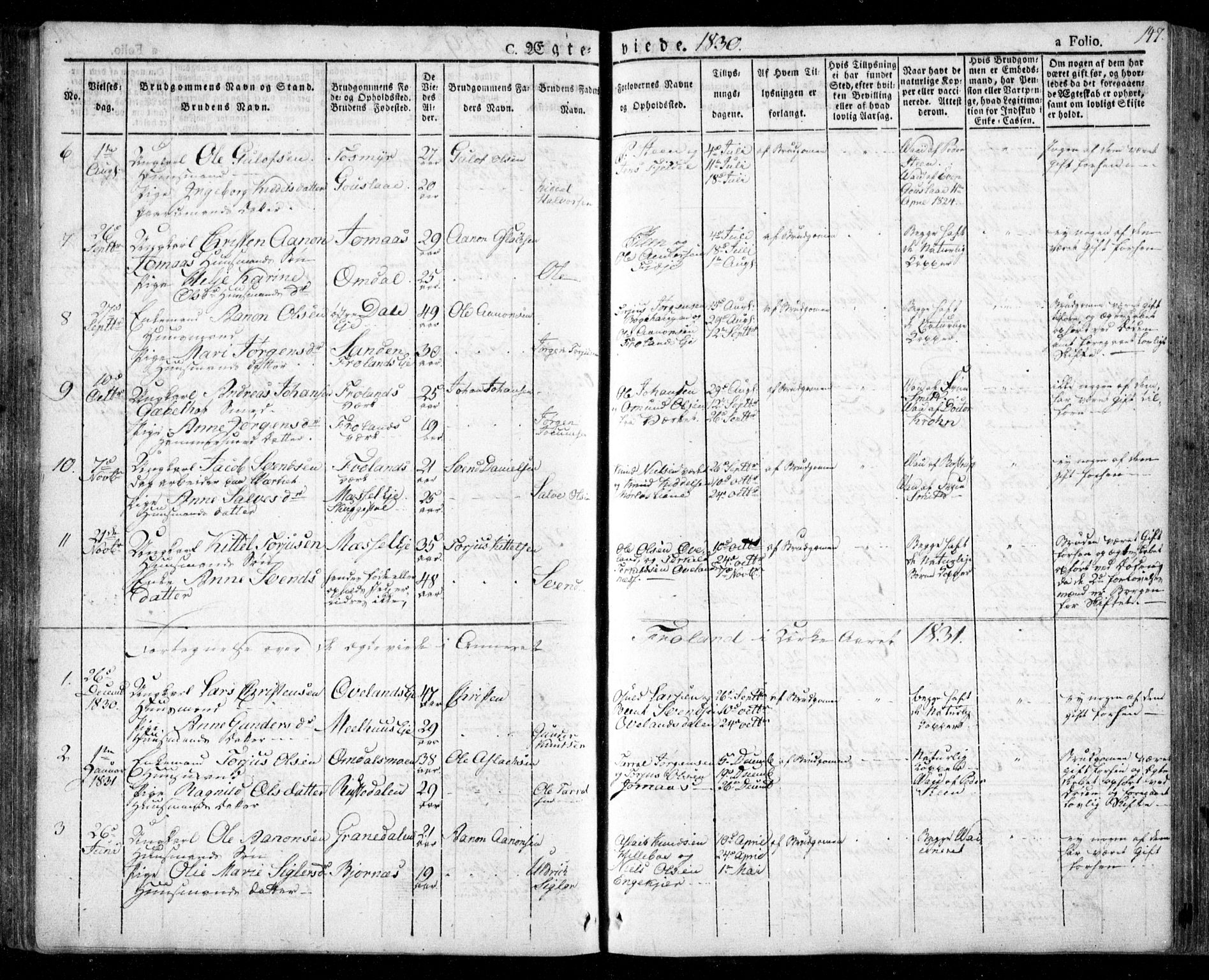 Froland sokneprestkontor, SAK/1111-0013/F/Fa/L0001: Parish register (official) no. A 1, 1827-1844, p. 147