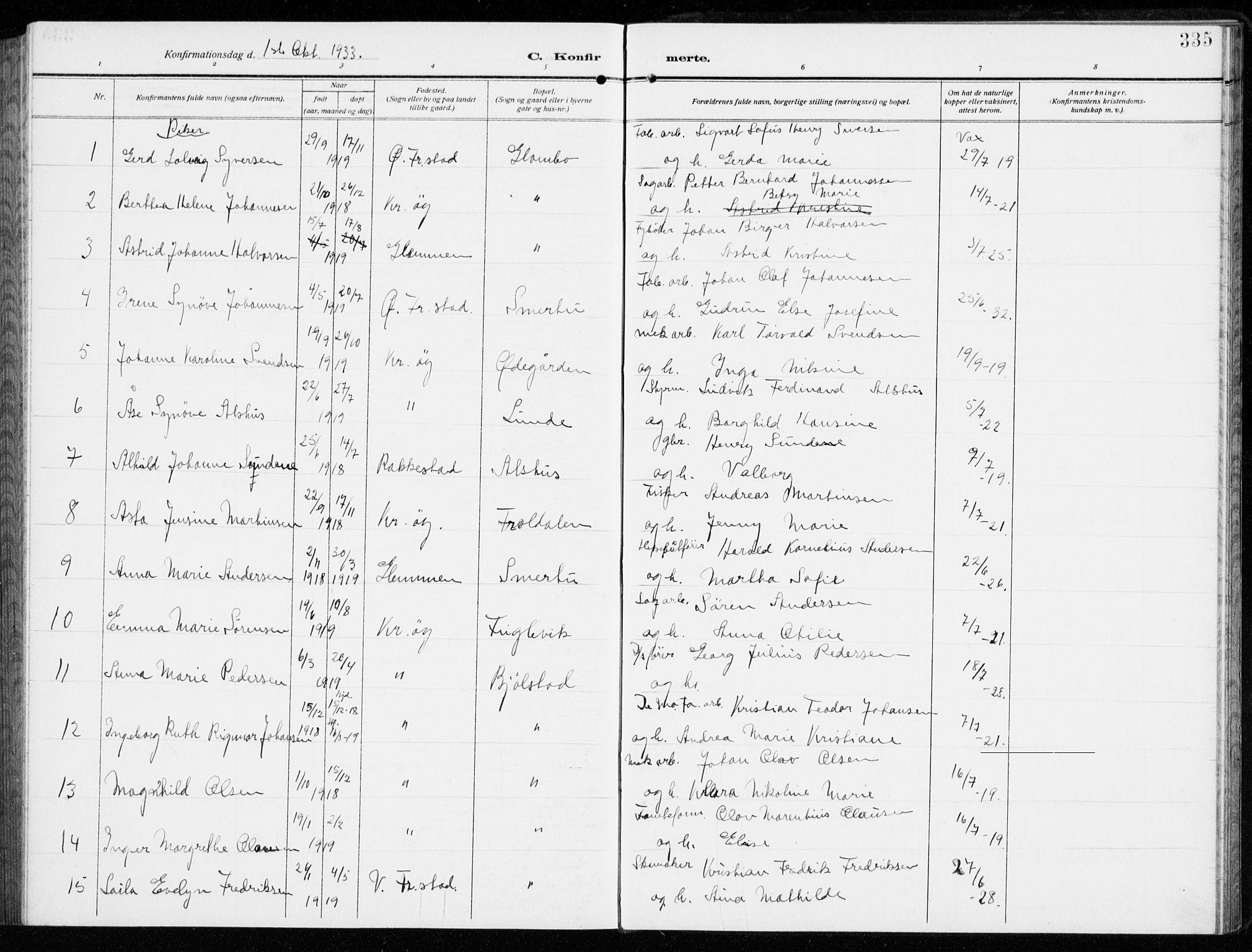 Kråkerøy prestekontor Kirkebøker, AV/SAO-A-10912/G/Ga/L0001: Parish register (copy) no. 1, 1908-1944, p. 335