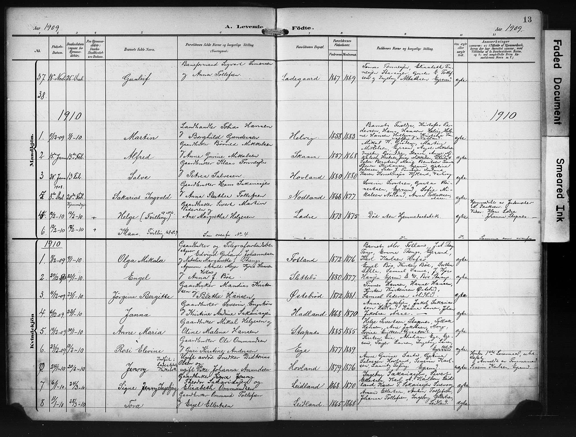 Eigersund sokneprestkontor, SAST/A-101807/S09/L0011: Parish register (copy) no. B 11, 1908-1930, p. 13