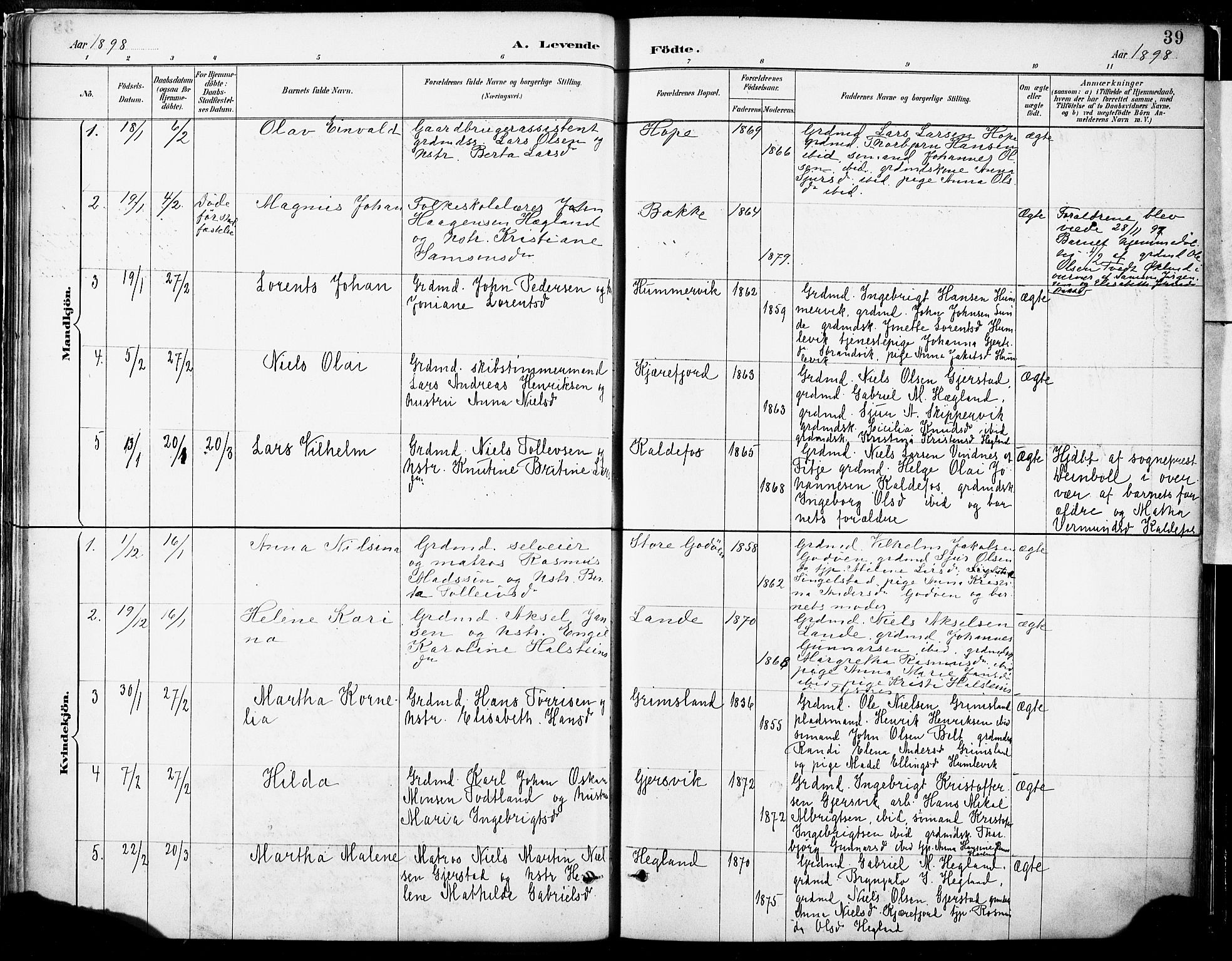 Tysnes sokneprestembete, SAB/A-78601/H/Haa: Parish register (official) no. B 1, 1887-1906, p. 39