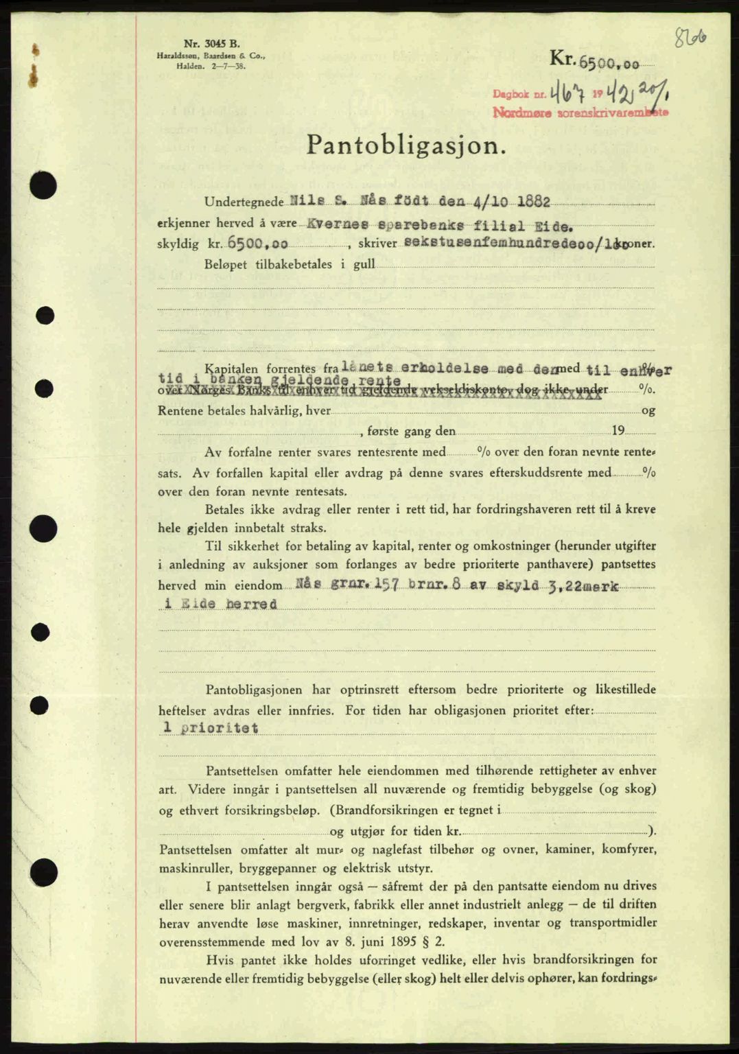 Nordmøre sorenskriveri, AV/SAT-A-4132/1/2/2Ca: Mortgage book no. B88, 1941-1942, Diary no: : 467/1942