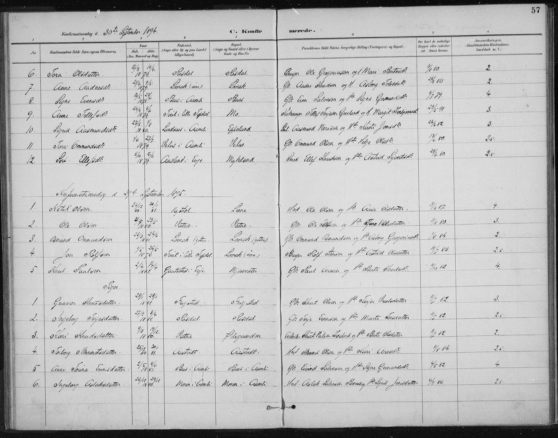 Herefoss sokneprestkontor, SAK/1111-0019/F/Fa/Fac/L0002: Parish register (official) no. A 2, 1887-1915, p. 57