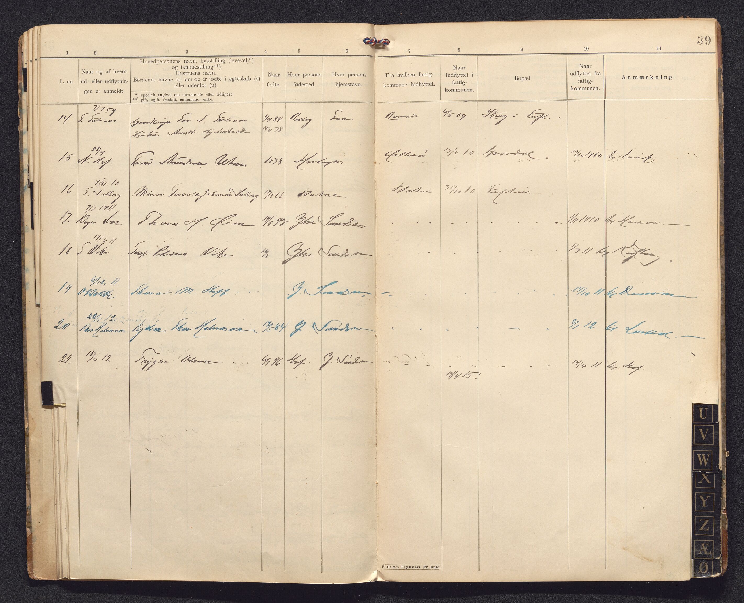 Ytre Sandsvær lensmannskontor, AV/SAKO-A-523/O/Ob/L0001: Inn- og utflyttede, 1901-1913, p. 38b-39a