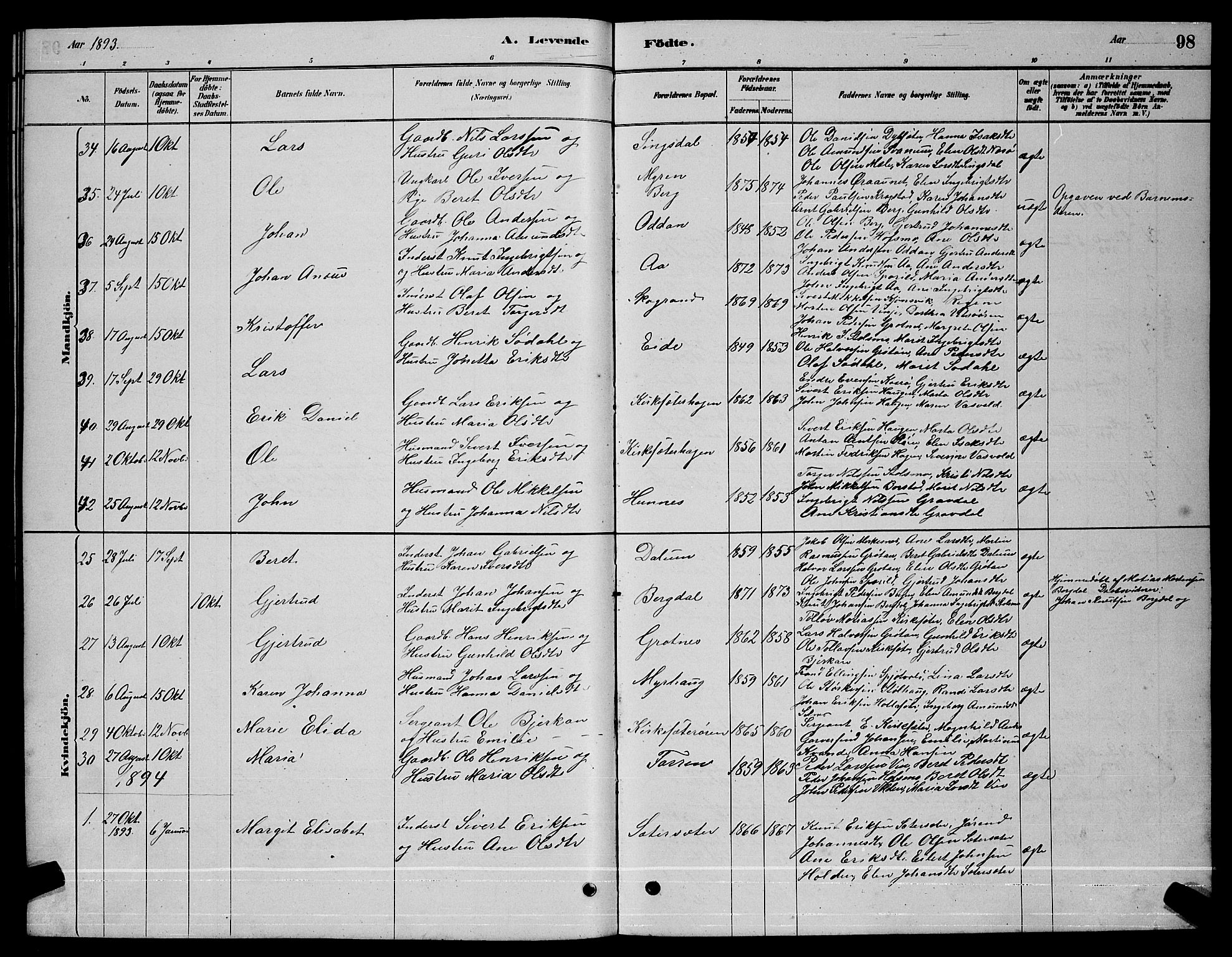 Ministerialprotokoller, klokkerbøker og fødselsregistre - Sør-Trøndelag, SAT/A-1456/630/L0504: Parish register (copy) no. 630C02, 1879-1898, p. 98