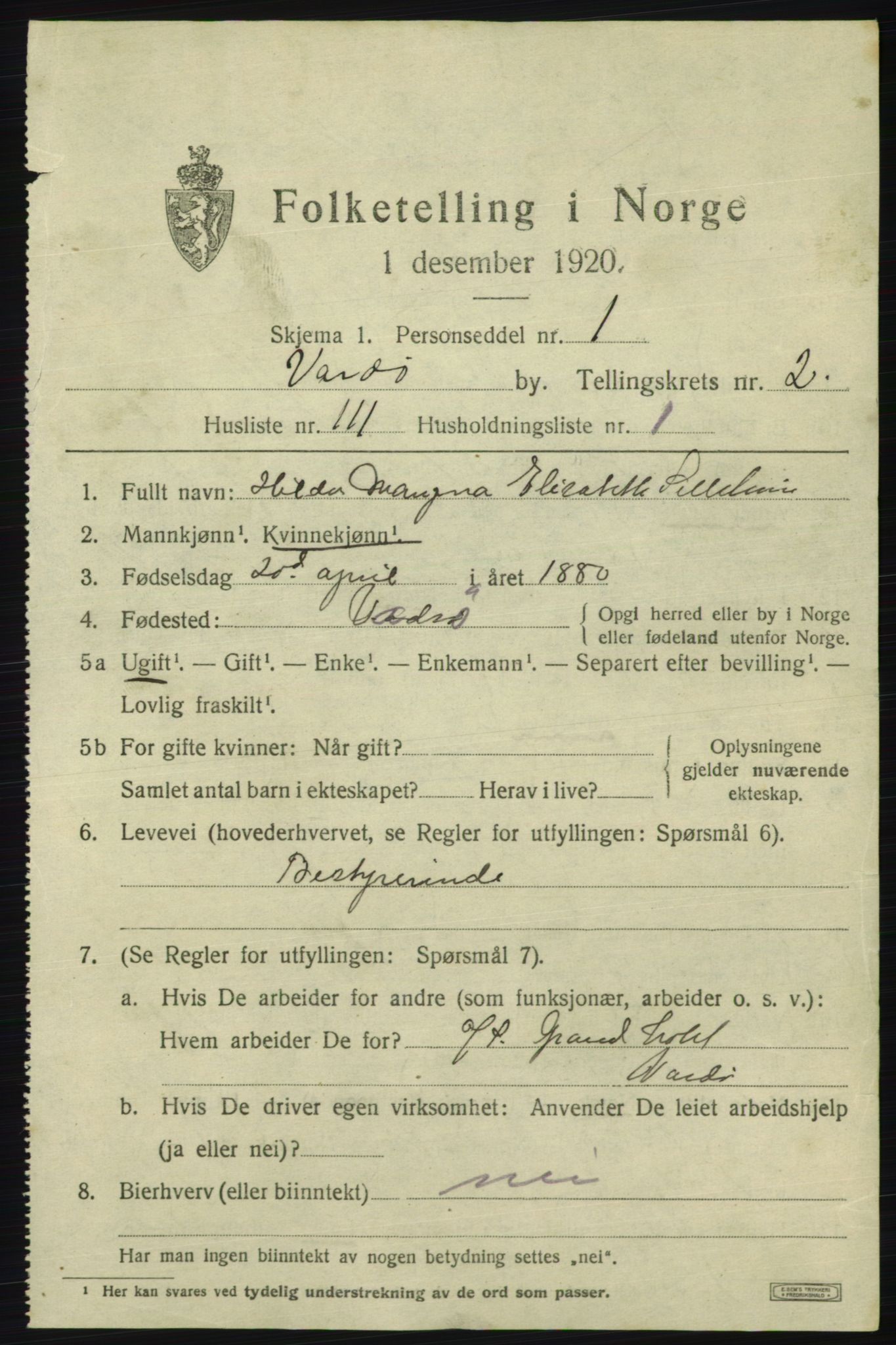 SATØ, 1920 census for Vardø, 1920, p. 7570