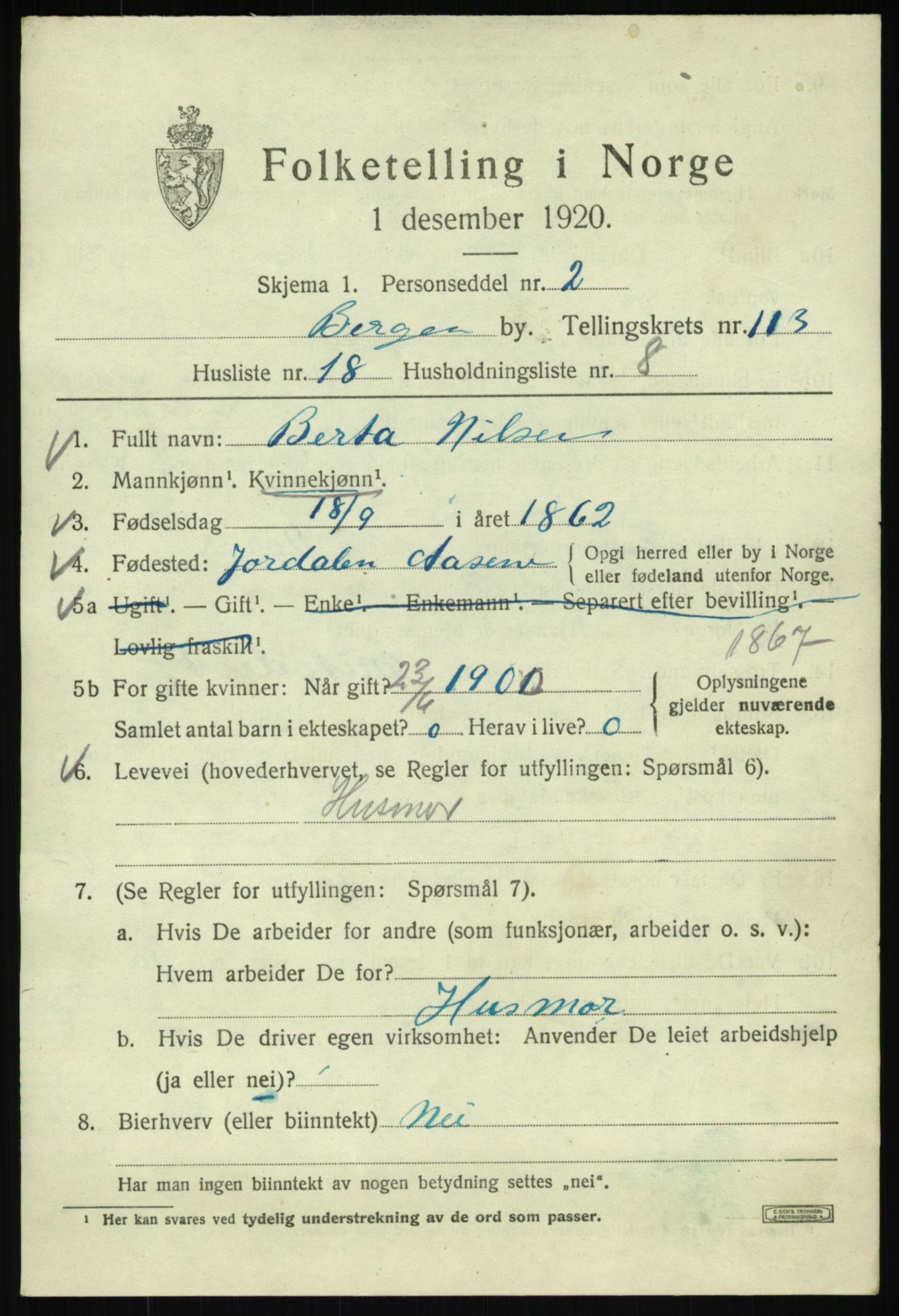 SAB, 1920 census for Bergen, 1920, p. 193493