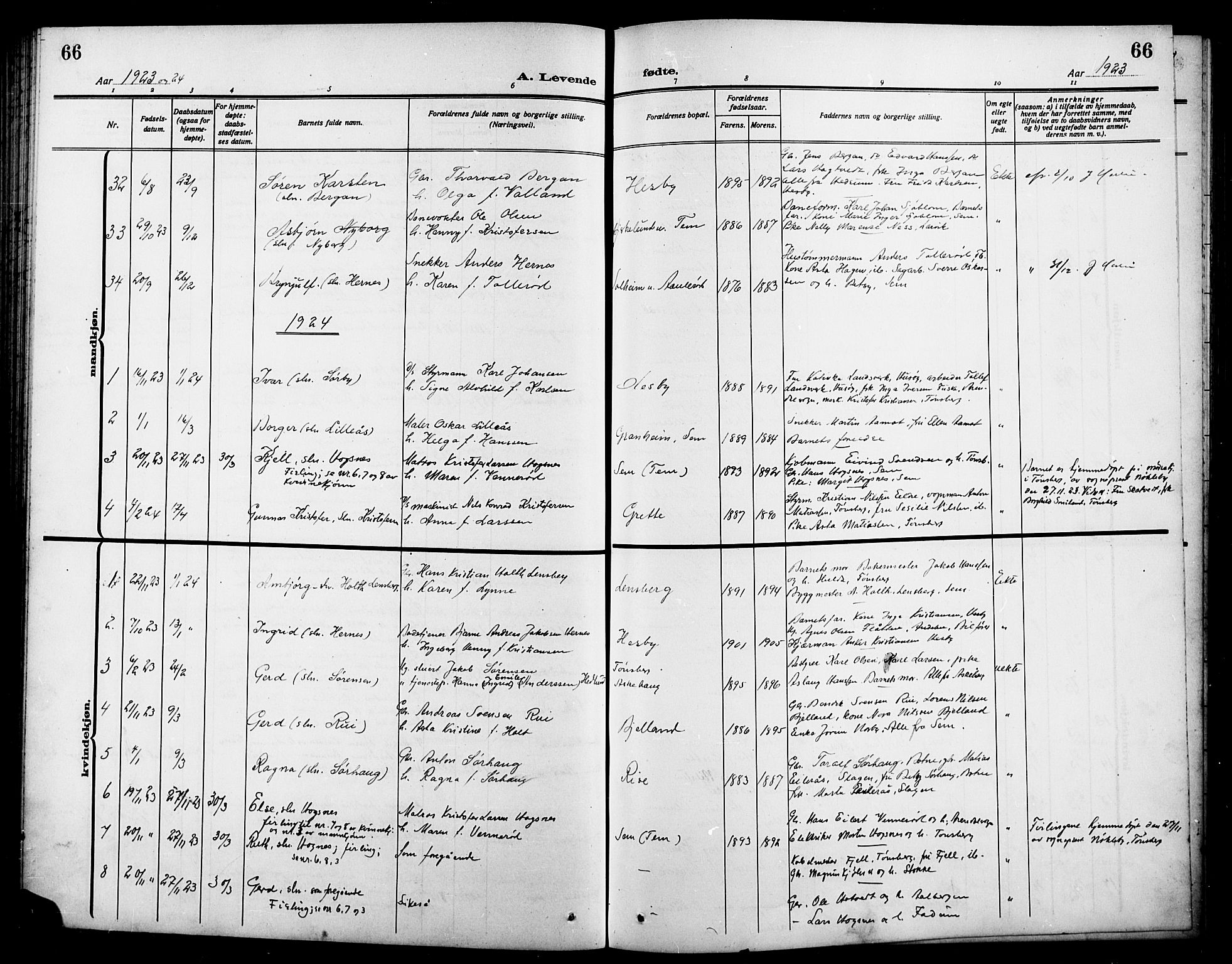 Sem kirkebøker, SAKO/A-5/G/Ga/L0007: Parish register (copy) no. I 7, 1909-1924, p. 66