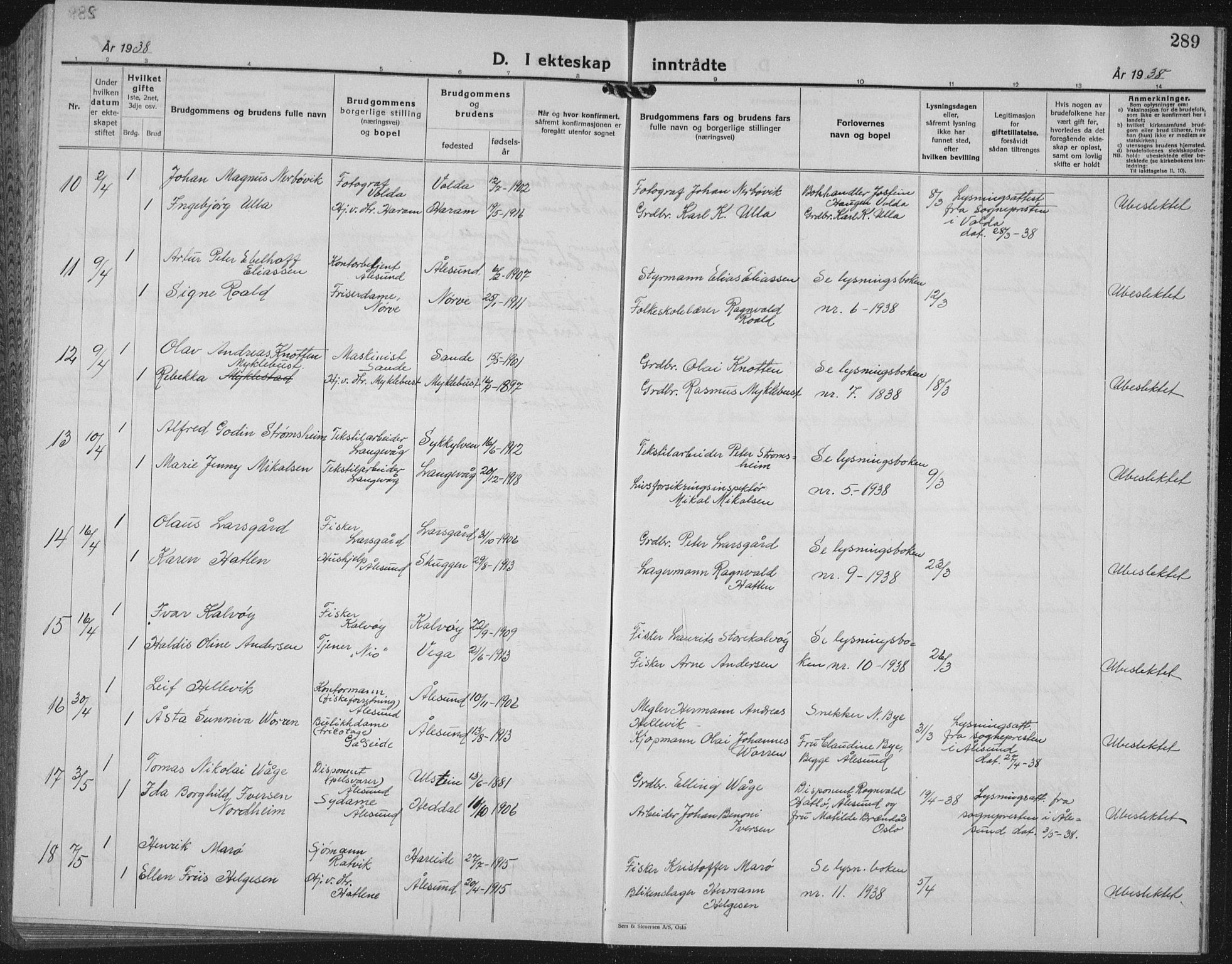 Ministerialprotokoller, klokkerbøker og fødselsregistre - Møre og Romsdal, AV/SAT-A-1454/528/L0436: Parish register (copy) no. 528C17, 1927-1939, p. 289