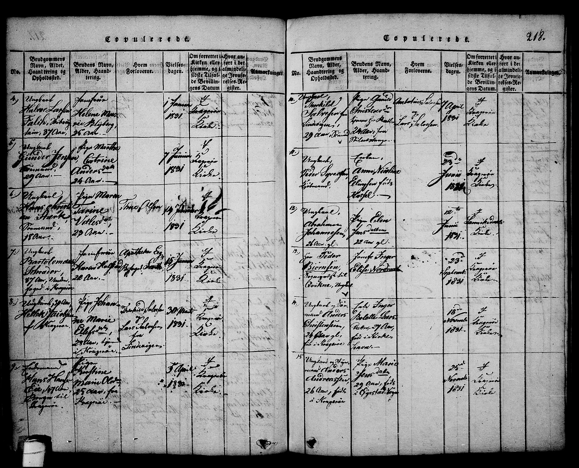 Kragerø kirkebøker, SAKO/A-278/G/Ga/L0002: Parish register (copy) no. 2, 1814-1831, p. 218