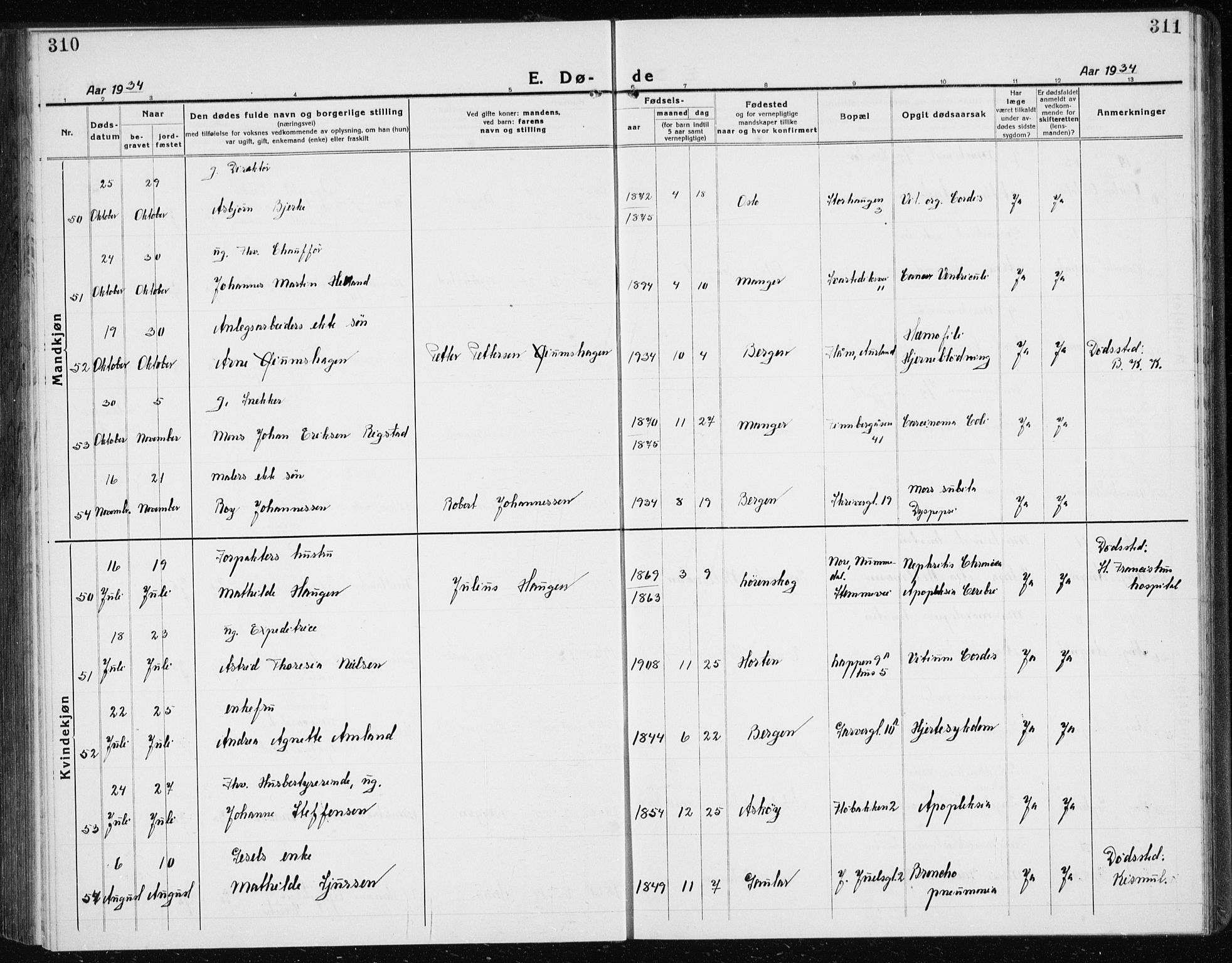 Årstad Sokneprestembete, AV/SAB-A-79301/H/Hab/L0025: Parish register (copy) no. D 2, 1922-1940, p. 310-311