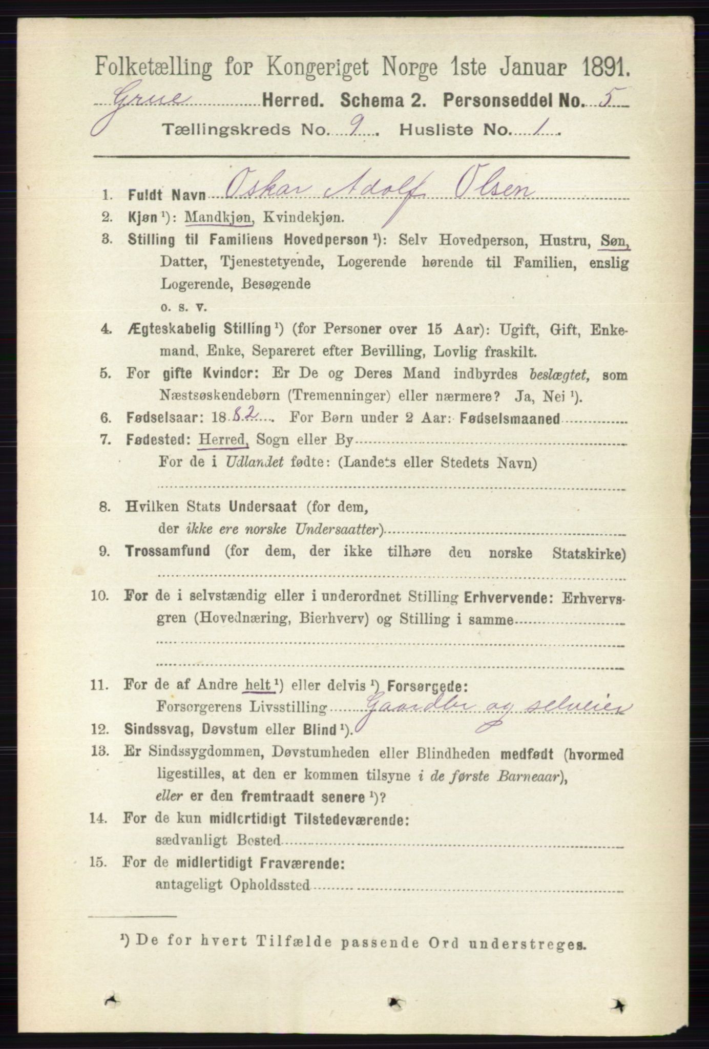 RA, 1891 census for 0423 Grue, 1891, p. 4885