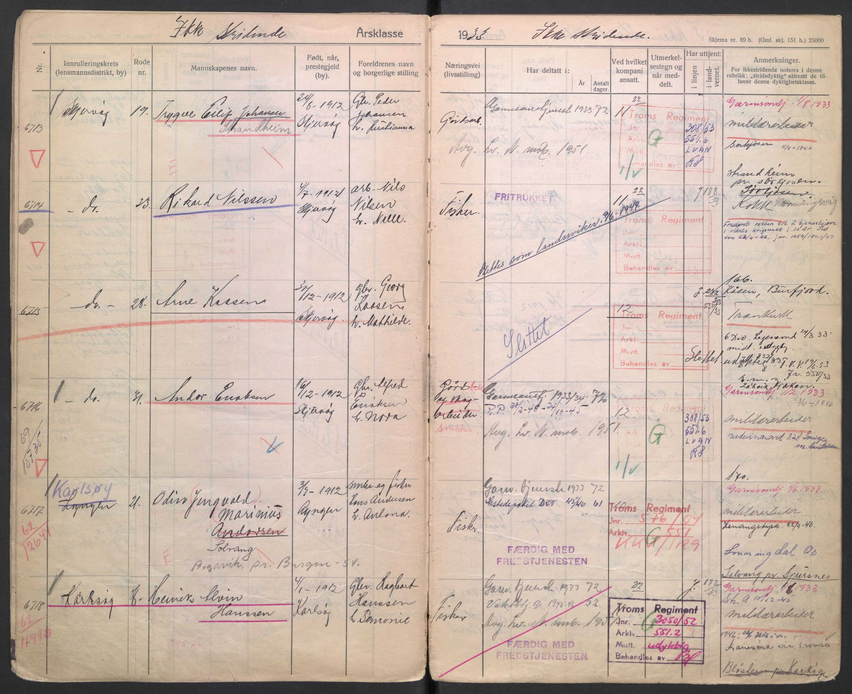 Forsvaret, Troms infanteriregiment nr. 16, AV/RA-RAFA-3146/P/Pa/L0006/0006: Ruller / Rulle for Lyngen bataljons menige mannskaper, årsklasse 1933, 1933