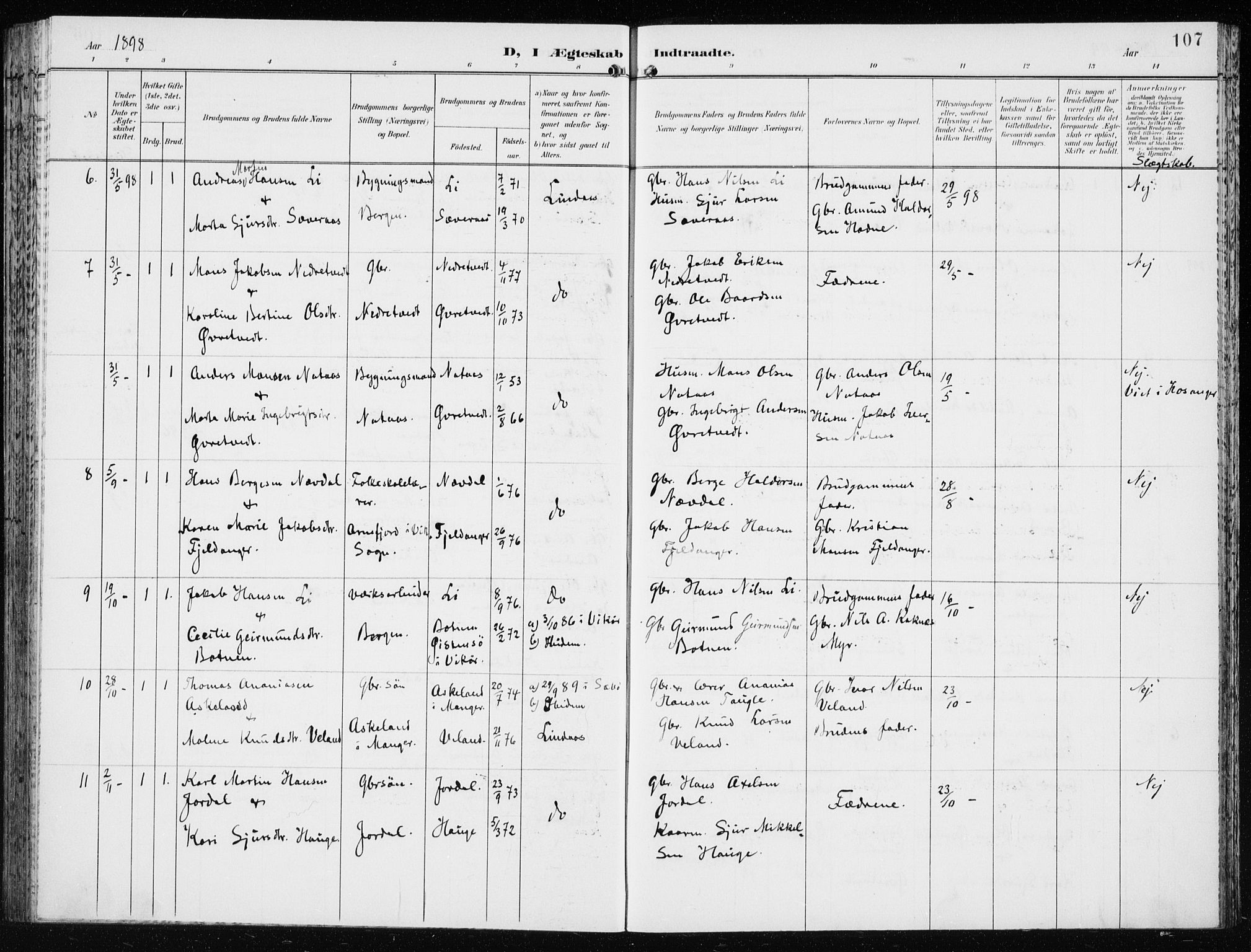 Lindås Sokneprestembete, AV/SAB-A-76701/H/Haa/Haaf/L0002: Parish register (official) no. F  2, 1897-1909, p. 107