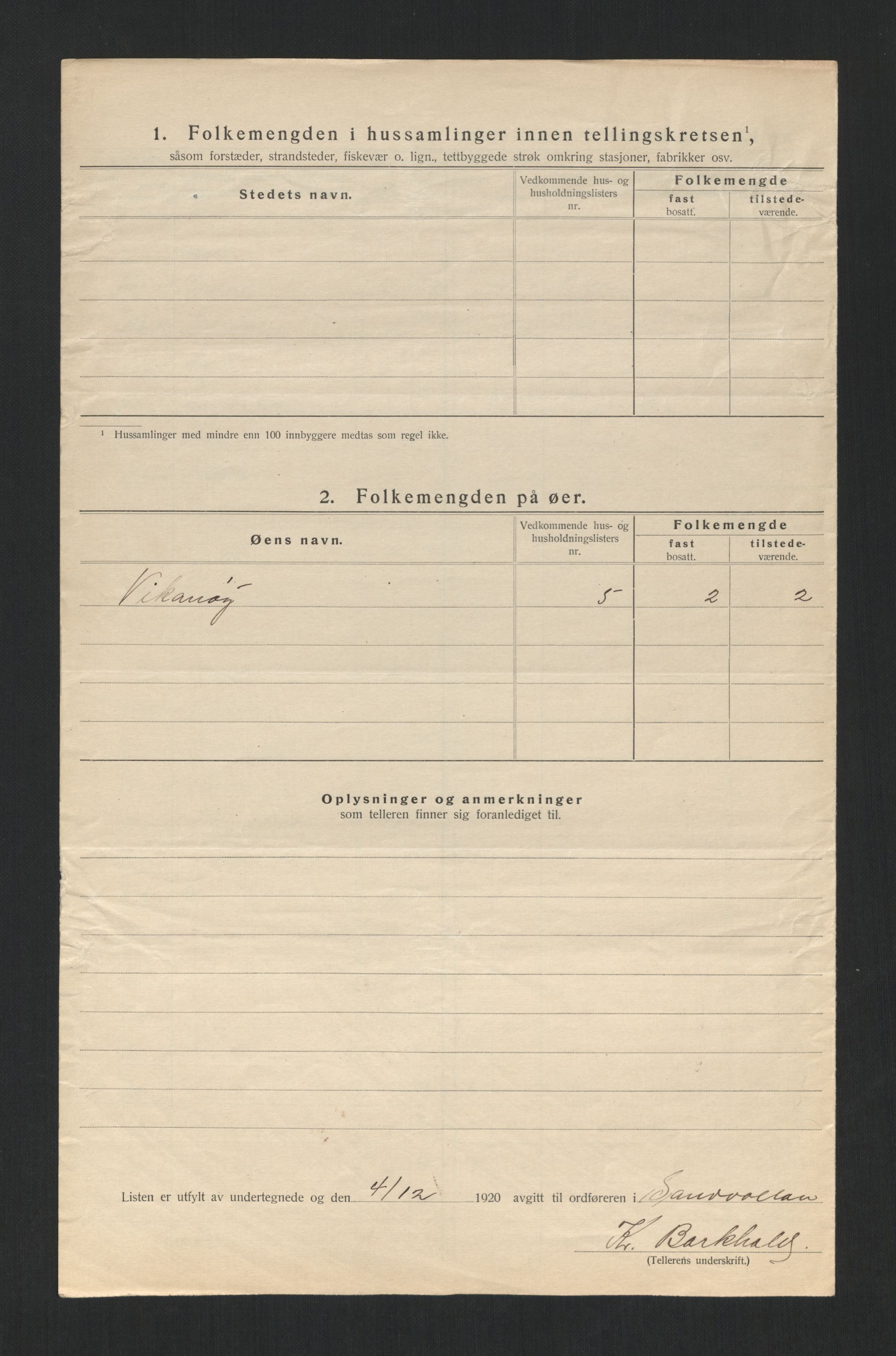 SAT, 1920 census for Sandvollan, 1920, p. 20