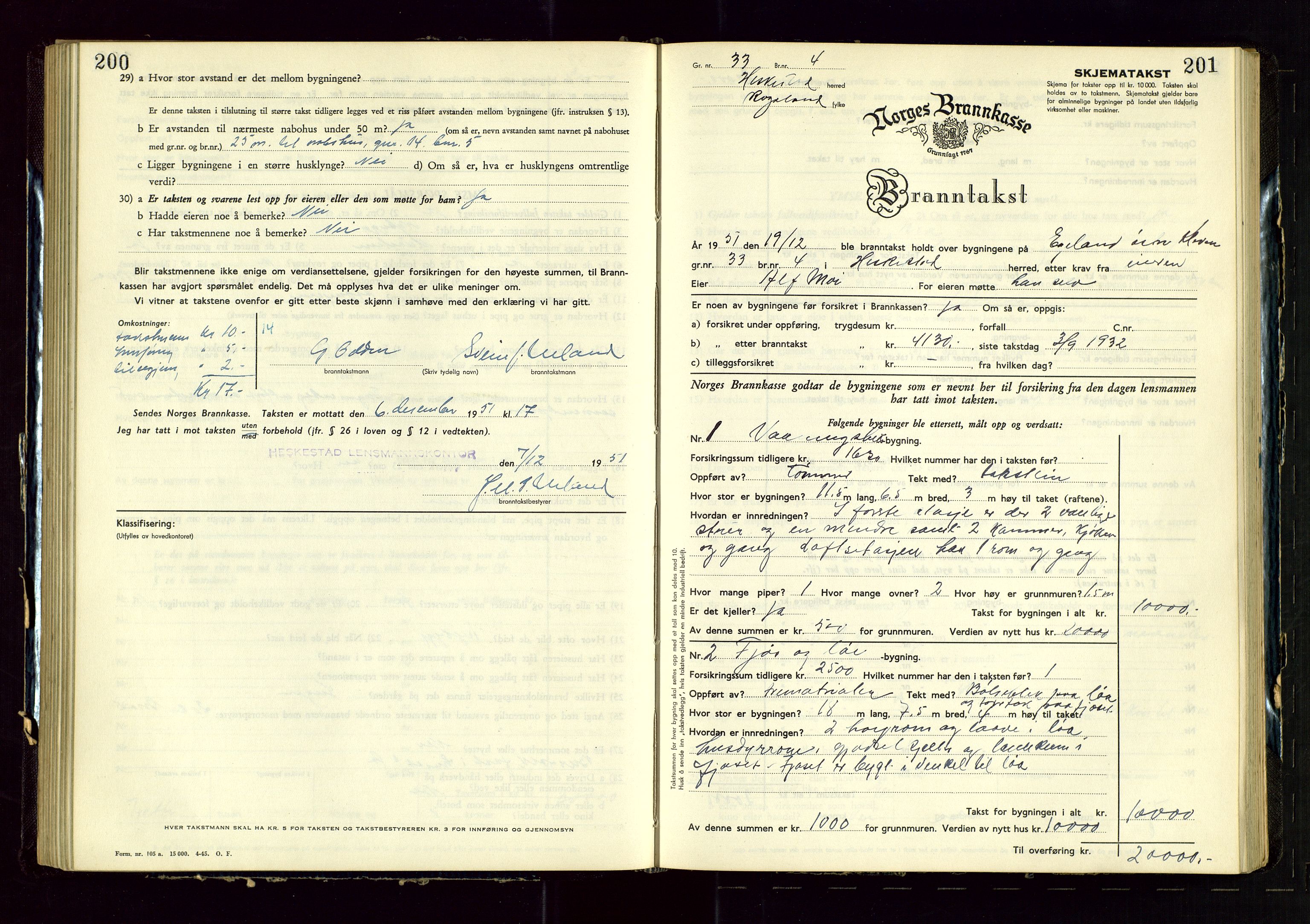 Heskestad lensmannskontor, SAST/A-100304/Gob/L0005: "Brandtakstprotokoll", 1946-1955, p. 200-201