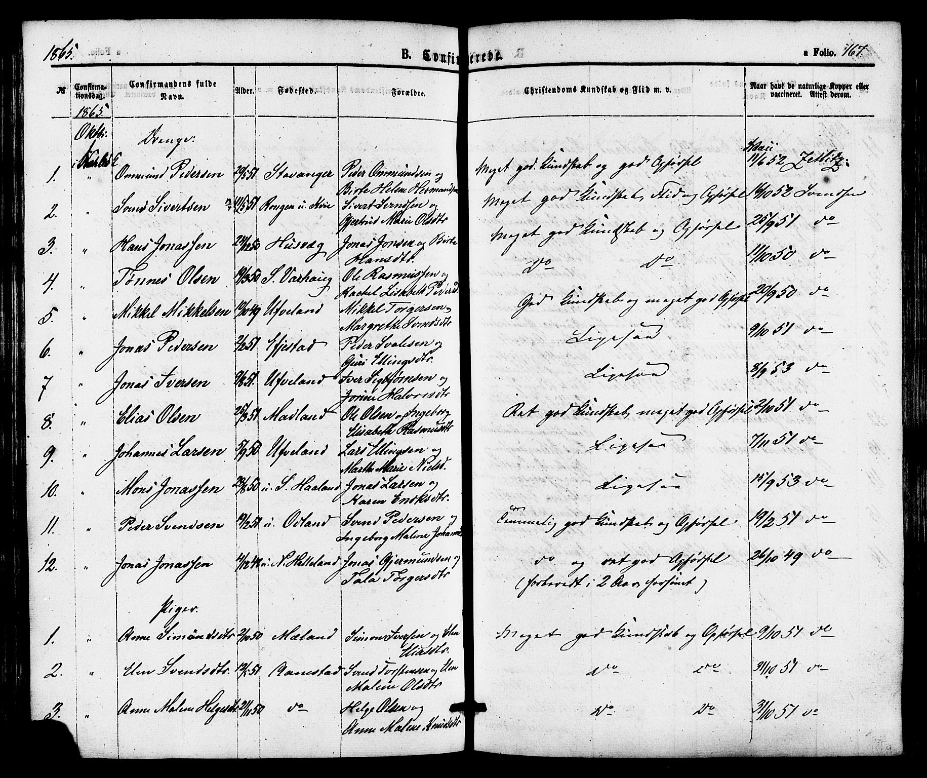 Hå sokneprestkontor, AV/SAST-A-101801/001/30BA/L0009: Parish register (official) no. A 8, 1855-1878, p. 167