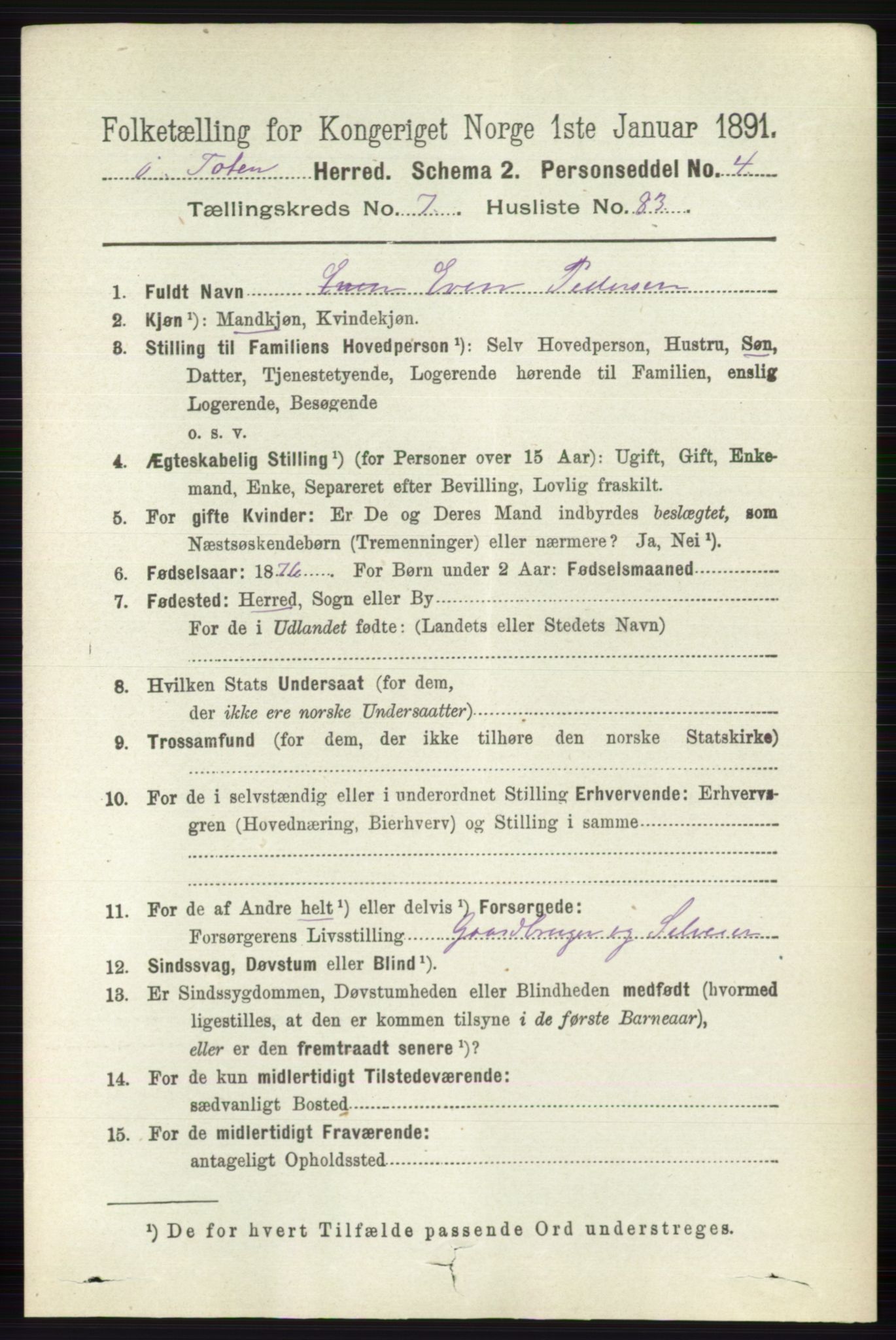 RA, 1891 census for 0528 Østre Toten, 1891, p. 4919