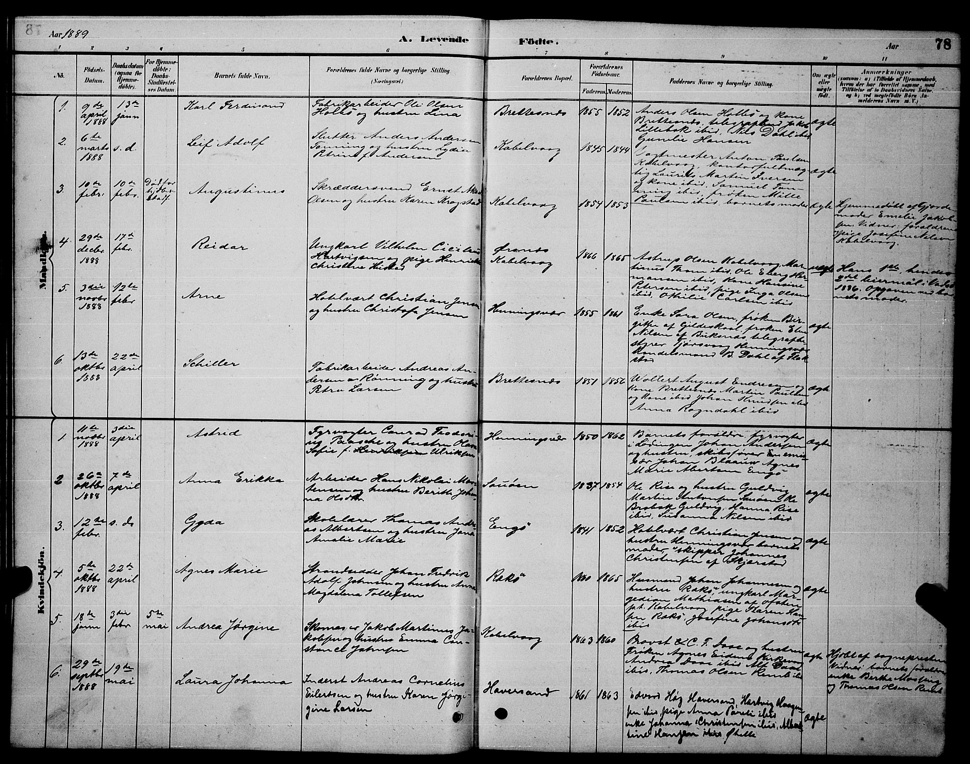 Ministerialprotokoller, klokkerbøker og fødselsregistre - Nordland, AV/SAT-A-1459/874/L1076: Parish register (copy) no. 874C05, 1884-1890, p. 78