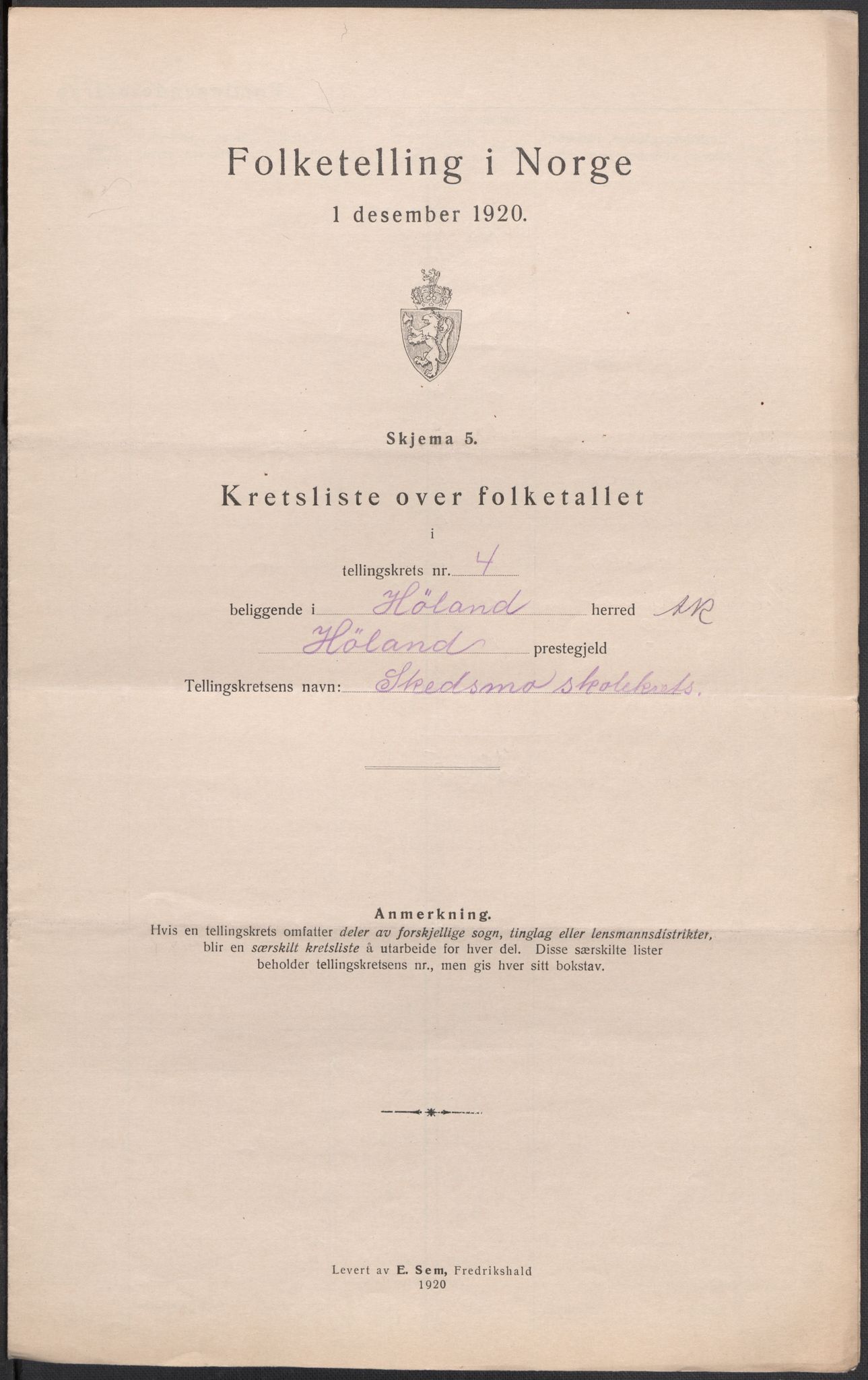 SAO, 1920 census for Høland, 1920, p. 22