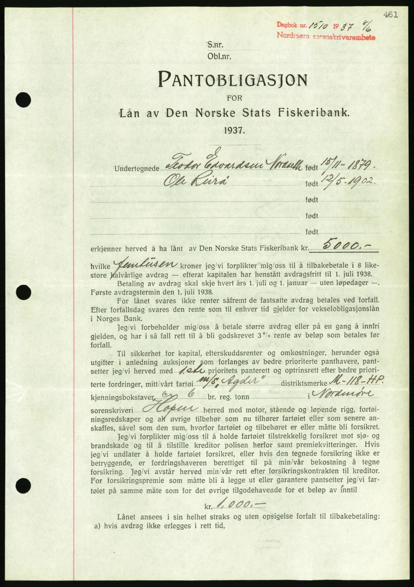 Nordmøre sorenskriveri, AV/SAT-A-4132/1/2/2Ca/L0091: Mortgage book no. B81, 1937-1937, Diary no: : 1510/1937