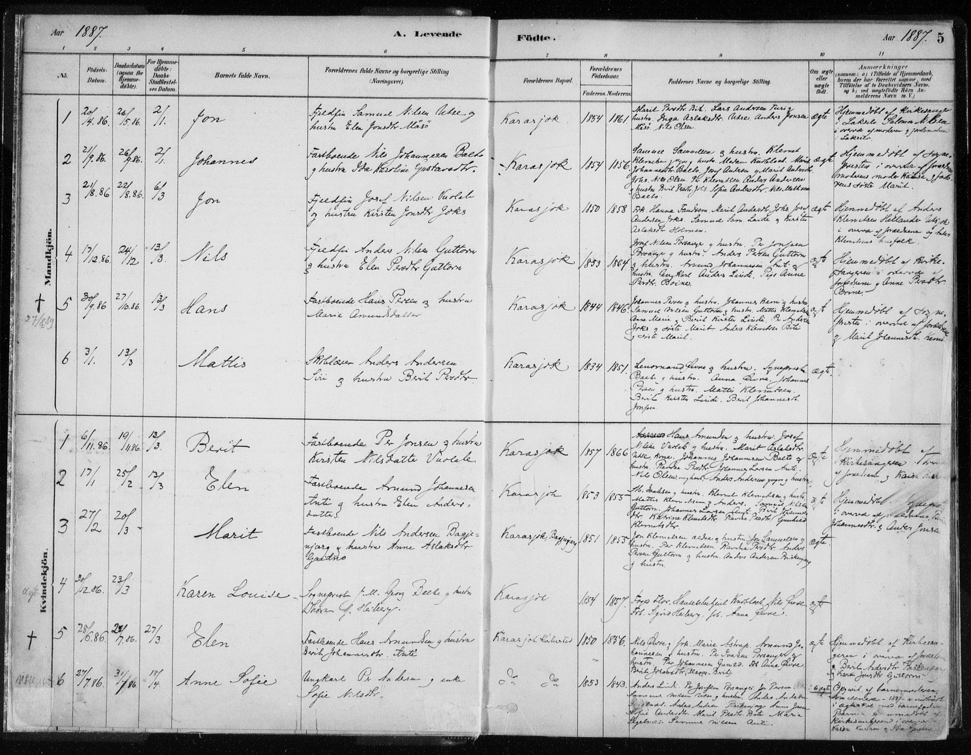 Karasjok sokneprestkontor, SATØ/S-1352/H/Ha/L0002kirke: Parish register (official) no. 2, 1885-1906, p. 5