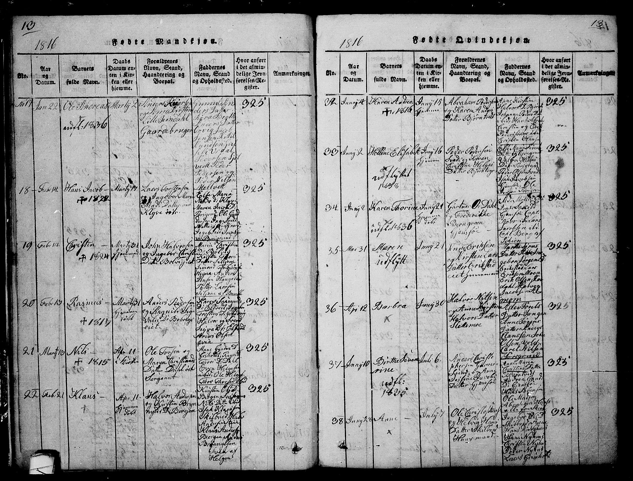 Solum kirkebøker, AV/SAKO-A-306/G/Ga/L0001: Parish register (copy) no. I 1, 1814-1833, p. 13