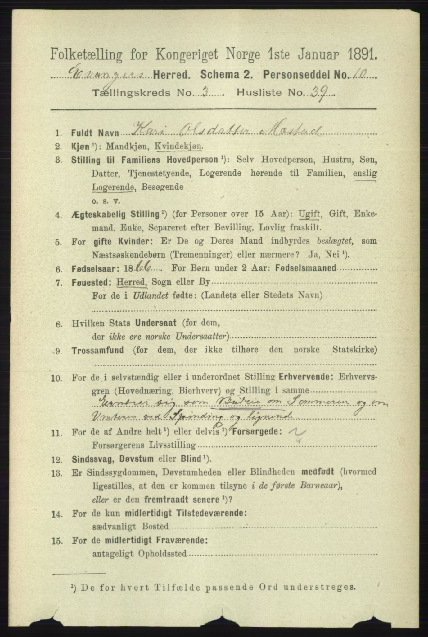 RA, 1891 census for 1237 Evanger, 1891, p. 1092