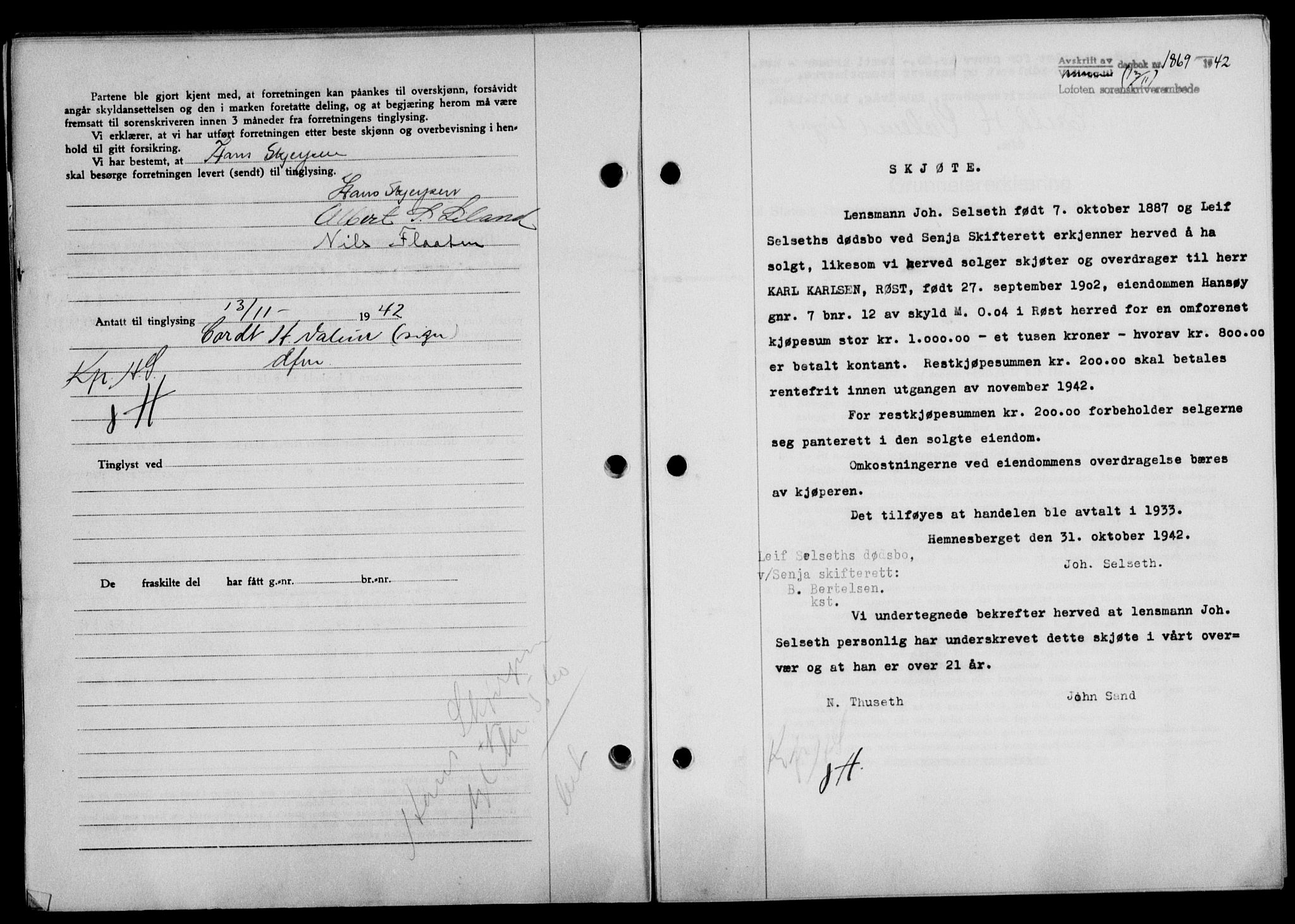Lofoten sorenskriveri, SAT/A-0017/1/2/2C/L0010a: Mortgage book no. 10a, 1942-1943, Diary no: : 1869/1942