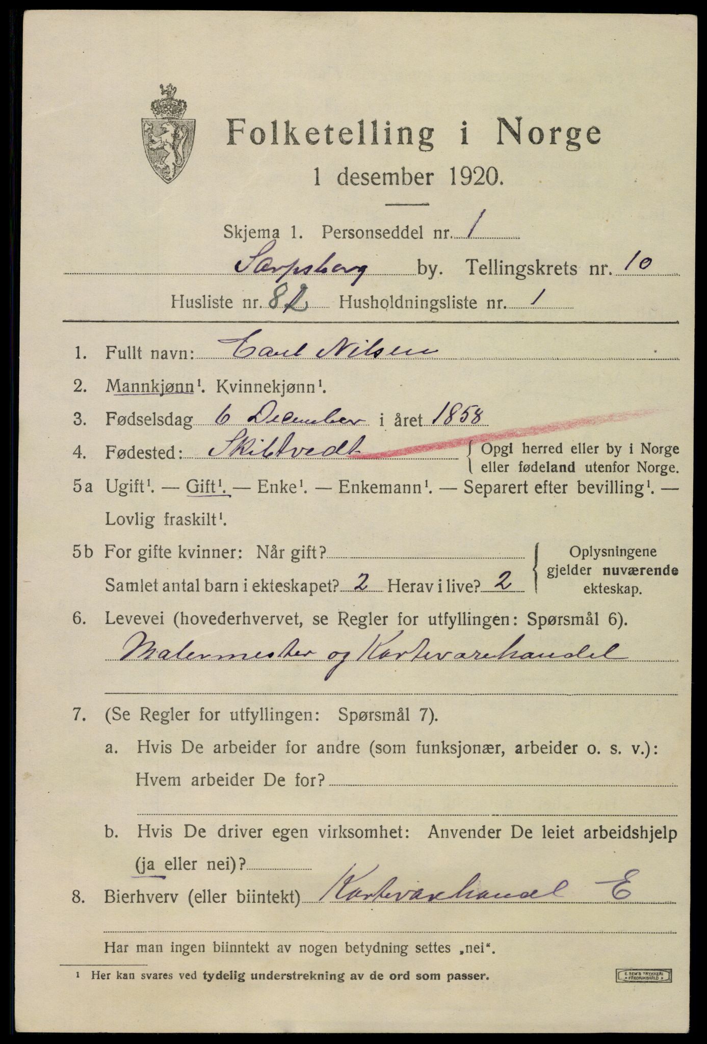 SAO, 1920 census for Sarpsborg, 1920, p. 22336