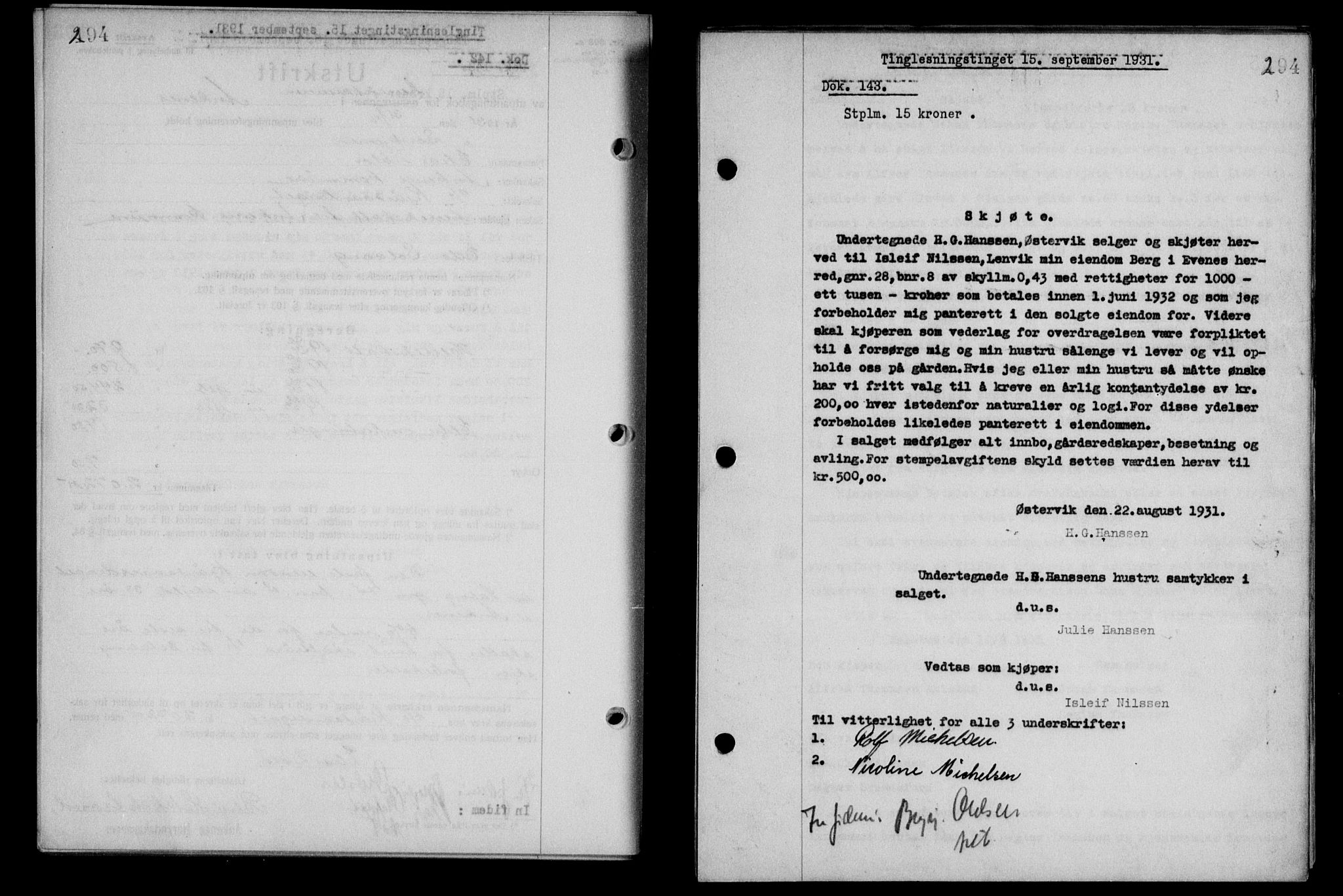 Steigen og Ofoten sorenskriveri, AV/SAT-A-0030/1/2/2C/L0019: Mortgage book no. 22, 1931-1931, Deed date: 15.09.1931