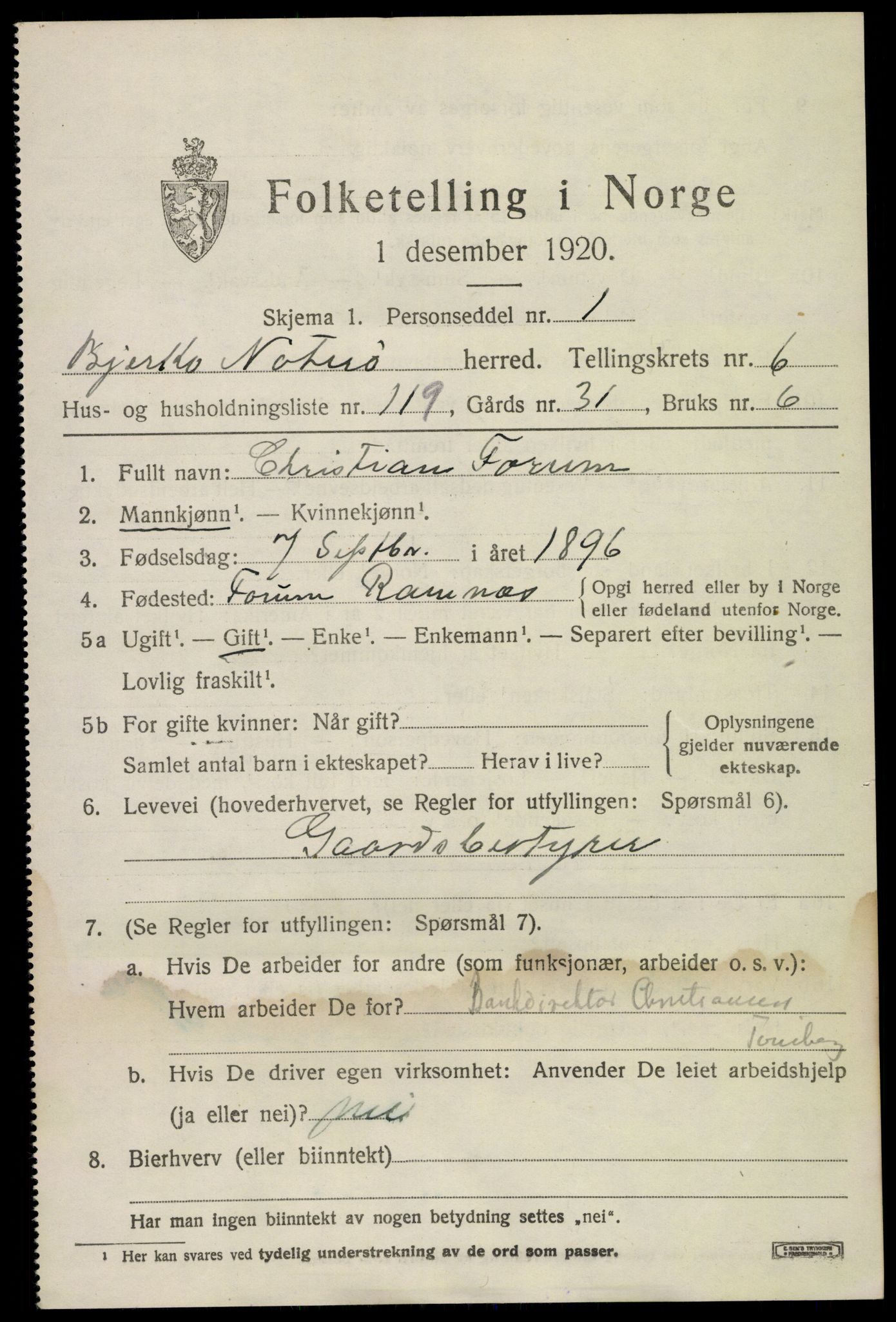 SAKO, 1920 census for Nøtterøy, 1920, p. 9433
