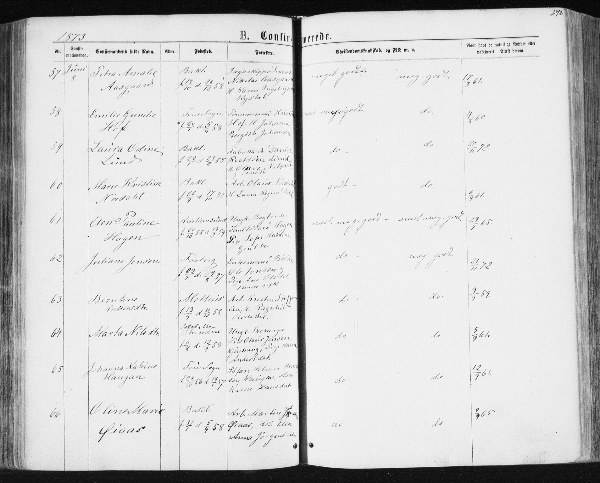 Ministerialprotokoller, klokkerbøker og fødselsregistre - Sør-Trøndelag, AV/SAT-A-1456/604/L0186: Parish register (official) no. 604A07, 1866-1877, p. 272