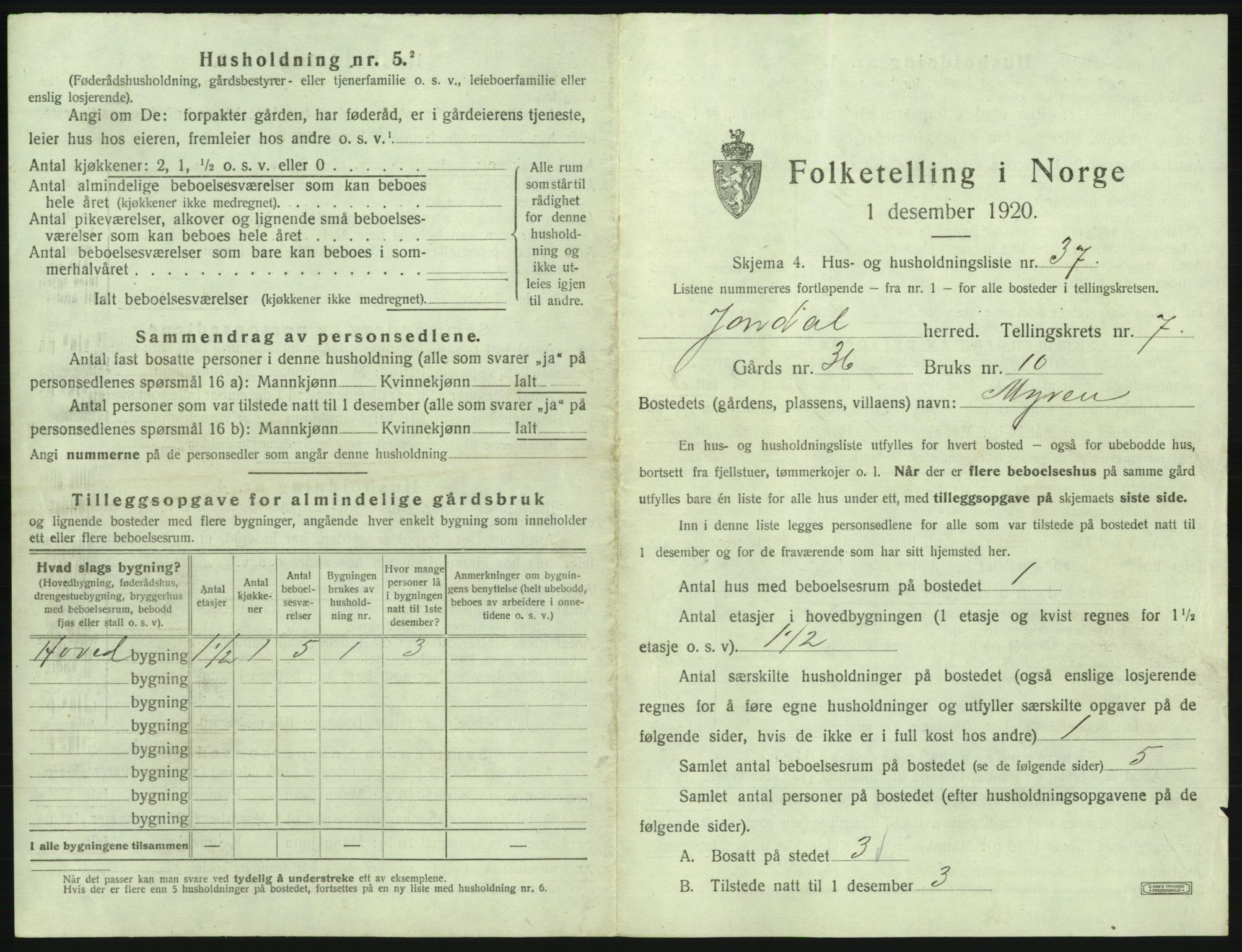 SAB, 1920 census for Jondal, 1920, p. 677