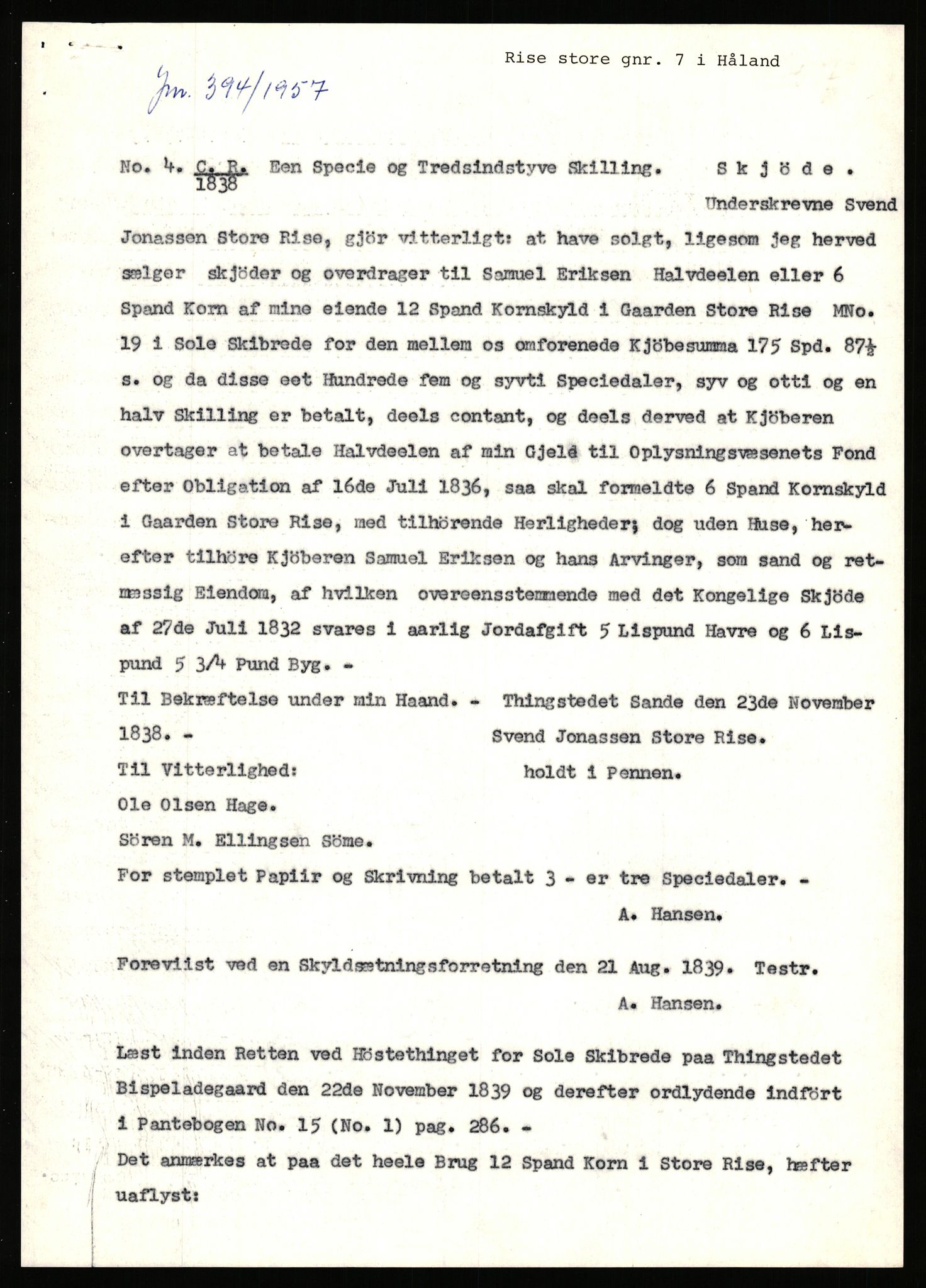 Statsarkivet i Stavanger, AV/SAST-A-101971/03/Y/Yj/L0068: Avskrifter sortert etter gårdsnavn: Refsnes - Risjell, 1750-1930, p. 587