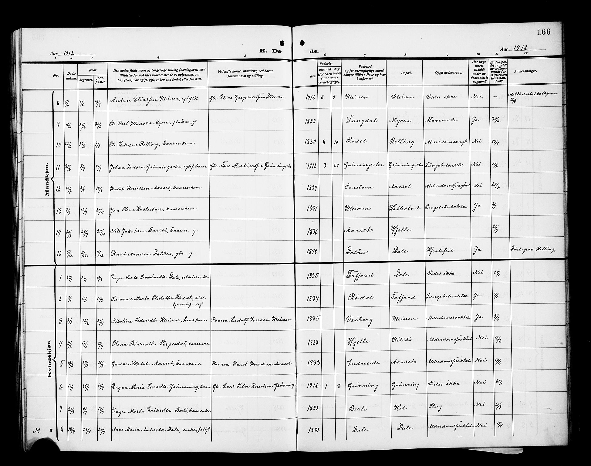 Ministerialprotokoller, klokkerbøker og fødselsregistre - Møre og Romsdal, SAT/A-1454/519/L0265: Parish register (copy) no. 519C06, 1911-1921, p. 166