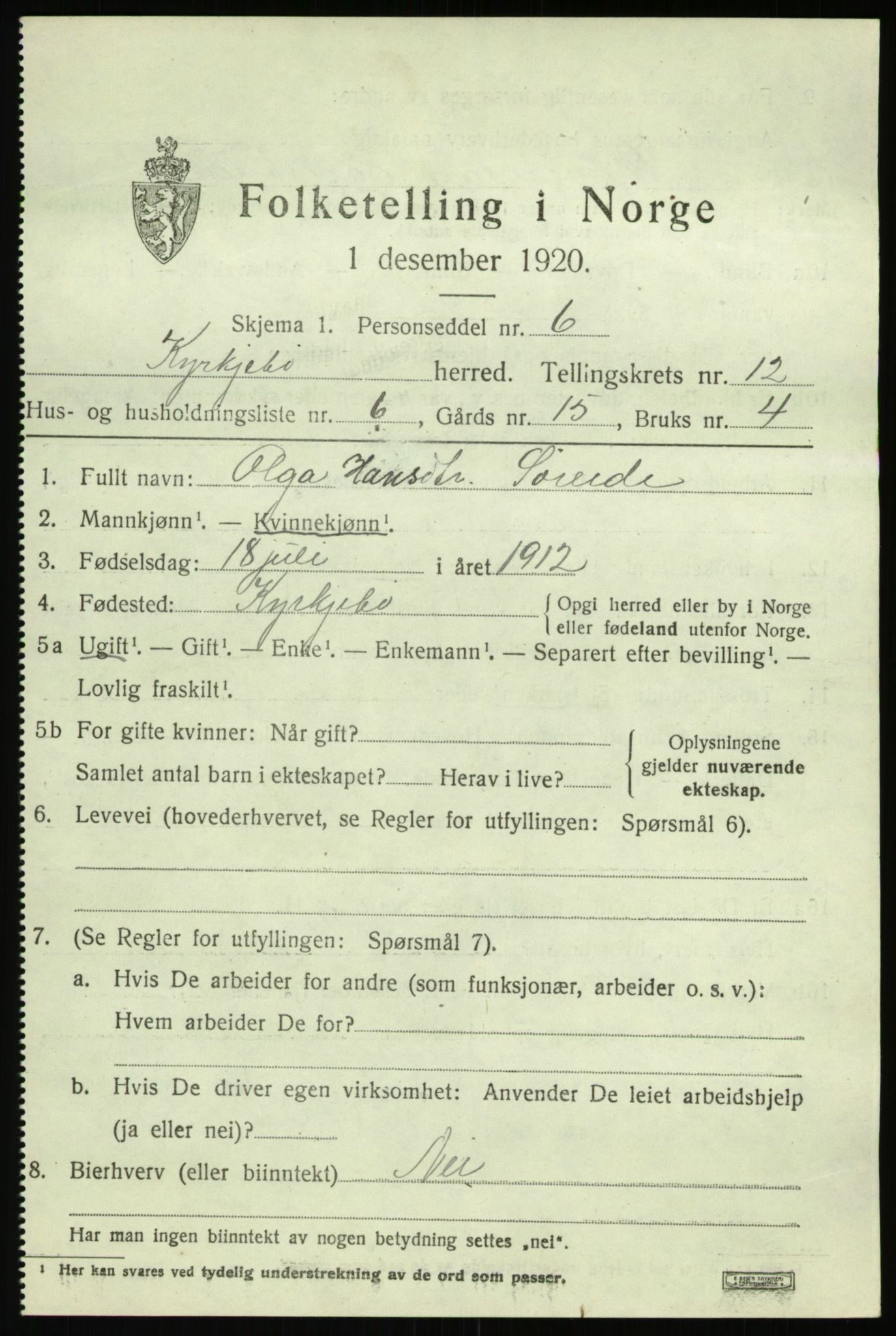 SAB, 1920 census for Kyrkjebø, 1920, p. 5961
