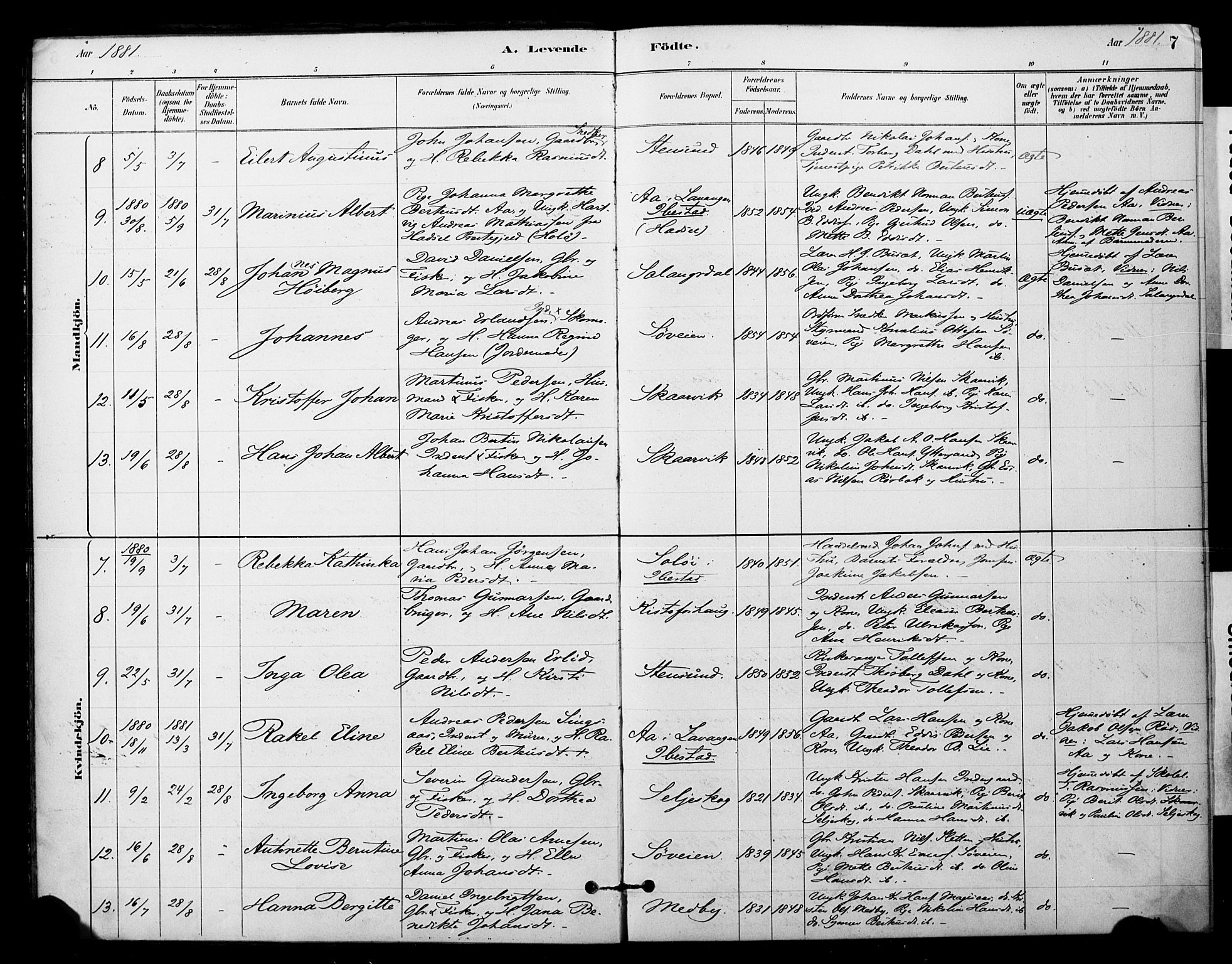 Ibestad sokneprestembete, AV/SATØ-S-0077/H/Ha/Haa/L0014kirke: Parish register (official) no. 14, 1880-1887, p. 7