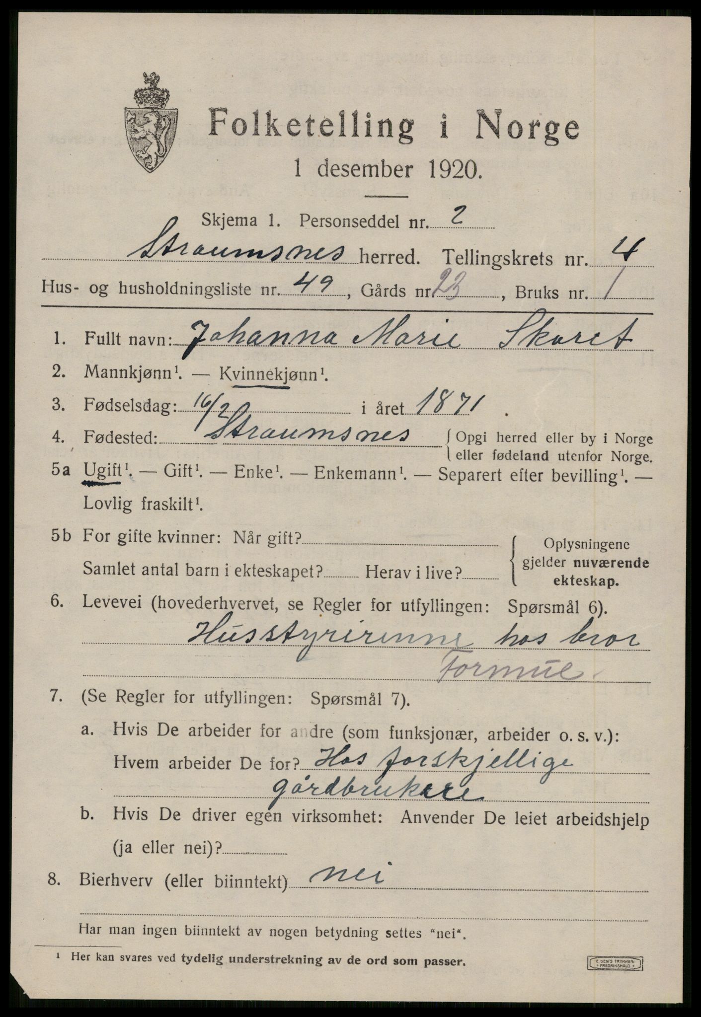 SAT, 1920 census for Straumsnes, 1920, p. 2019