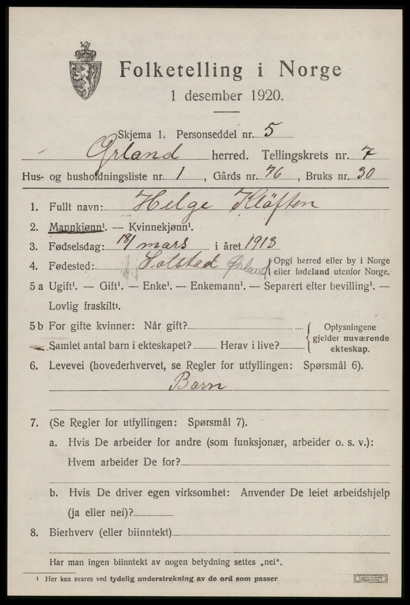 SAT, 1920 census for Ørland, 1920, p. 6101